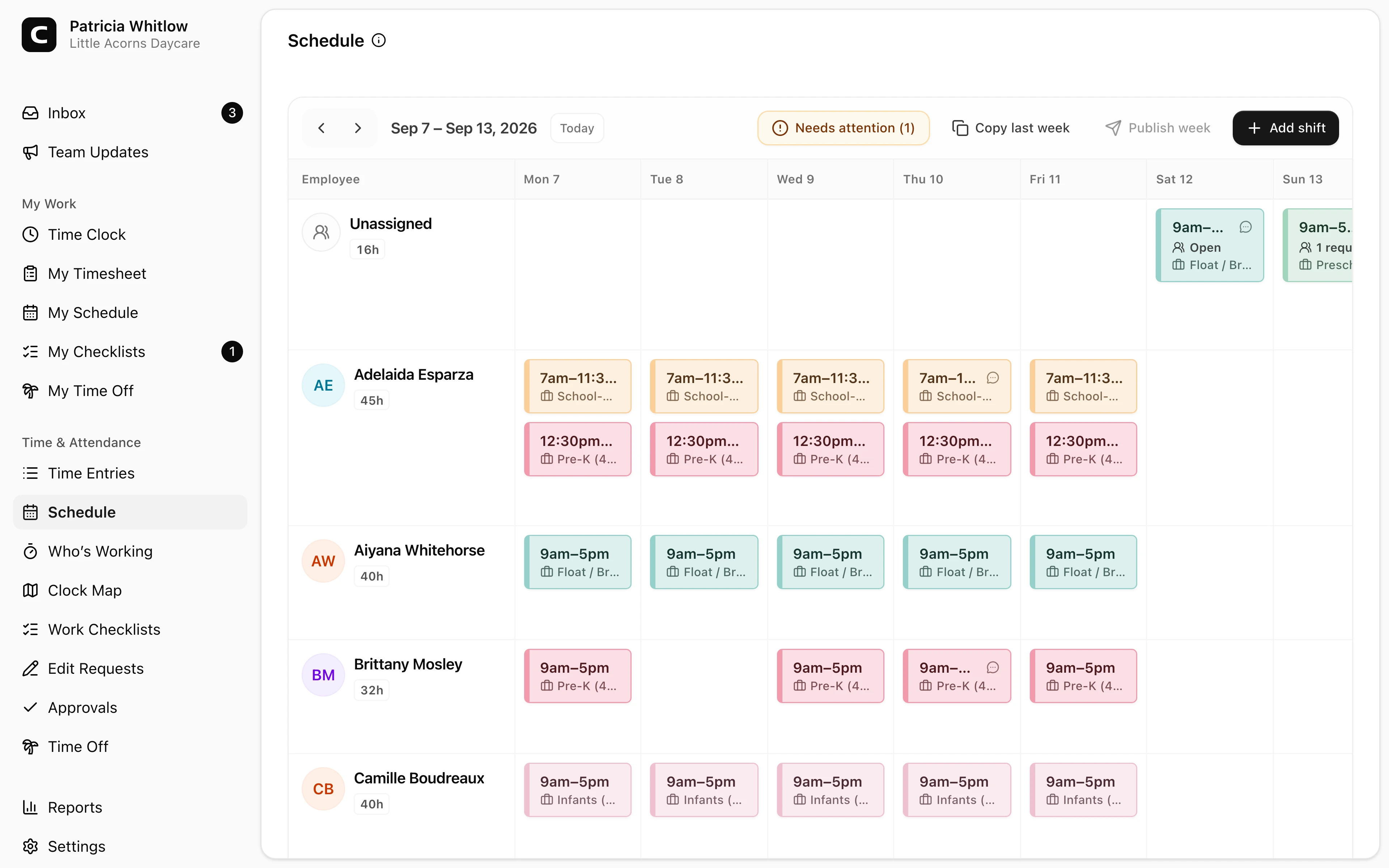 Clockspot employee schedule showing childcare staff shifts