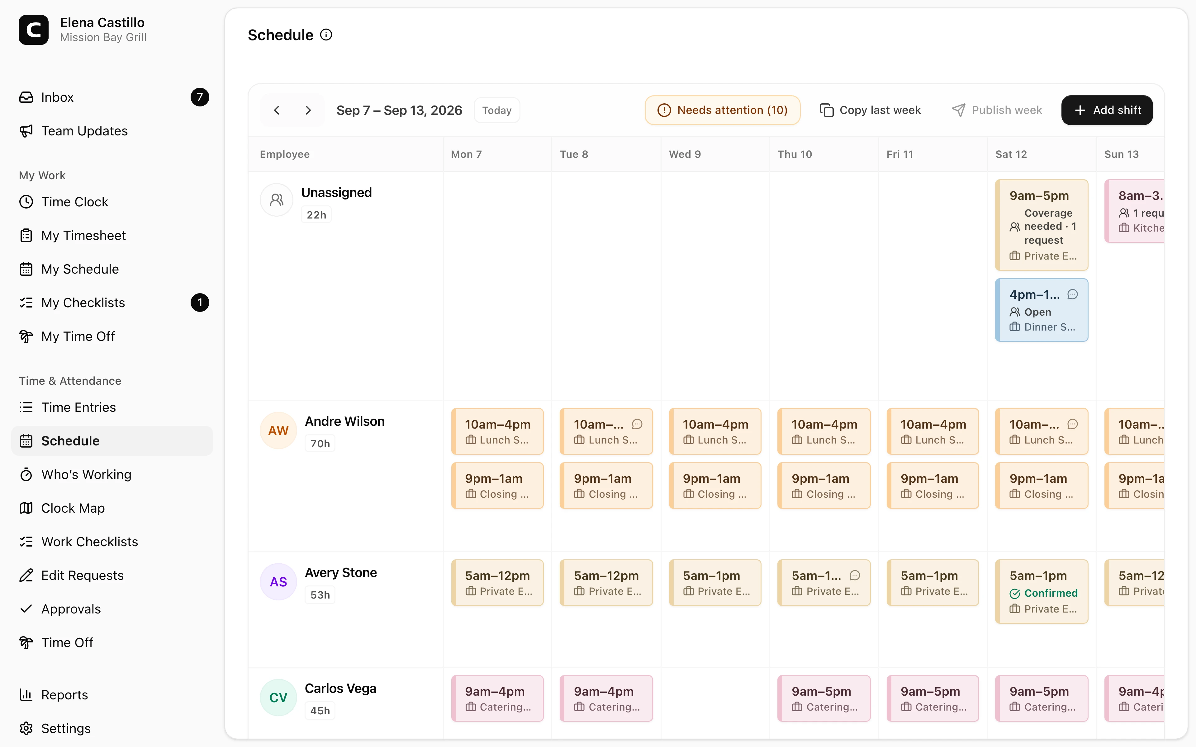 Clockspot Schedule showing restaurant employees and shift coverage