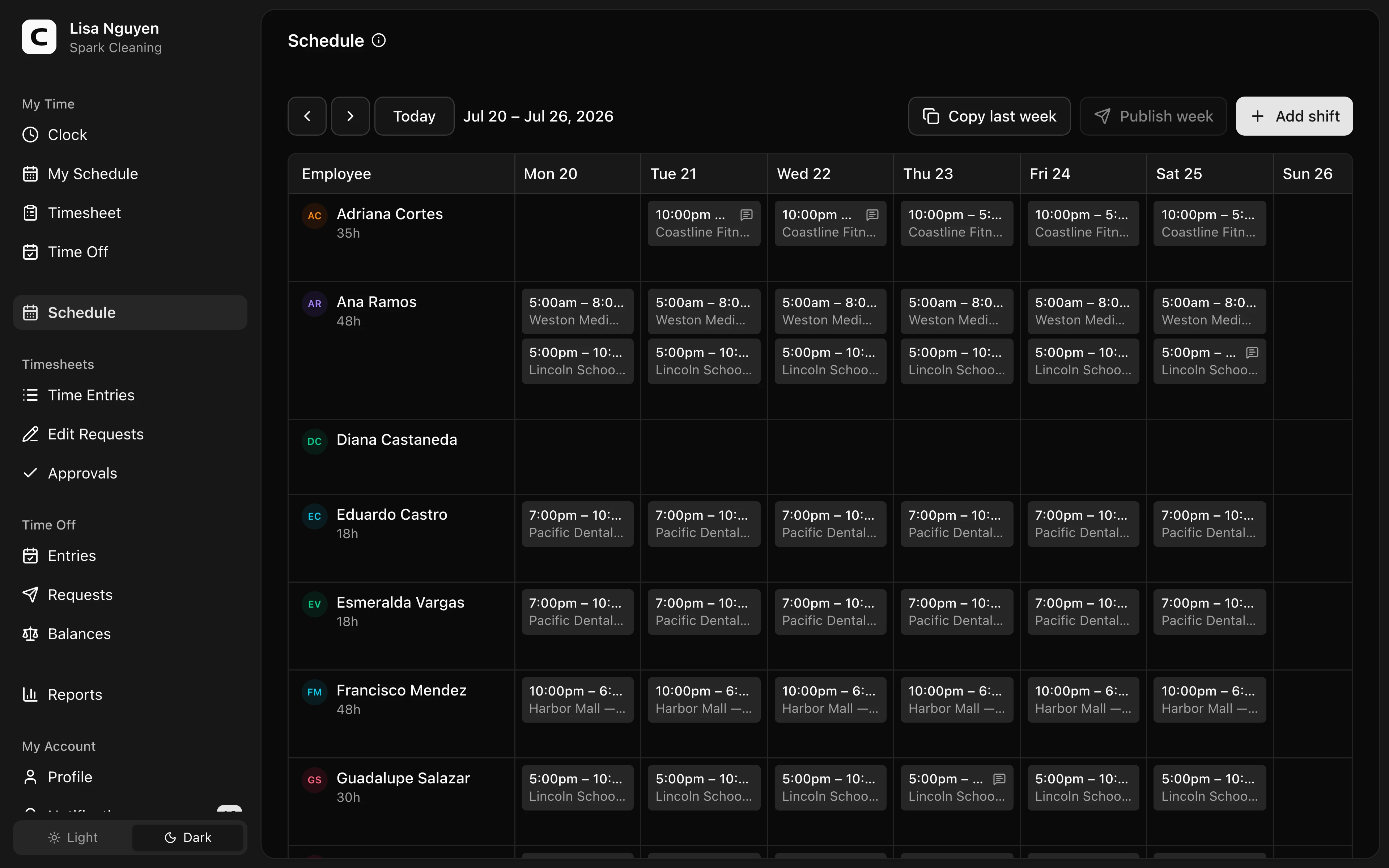 Clockspot Schedule screen. Build a week of shifts as drafts, then publish to make them visible and notify employees.