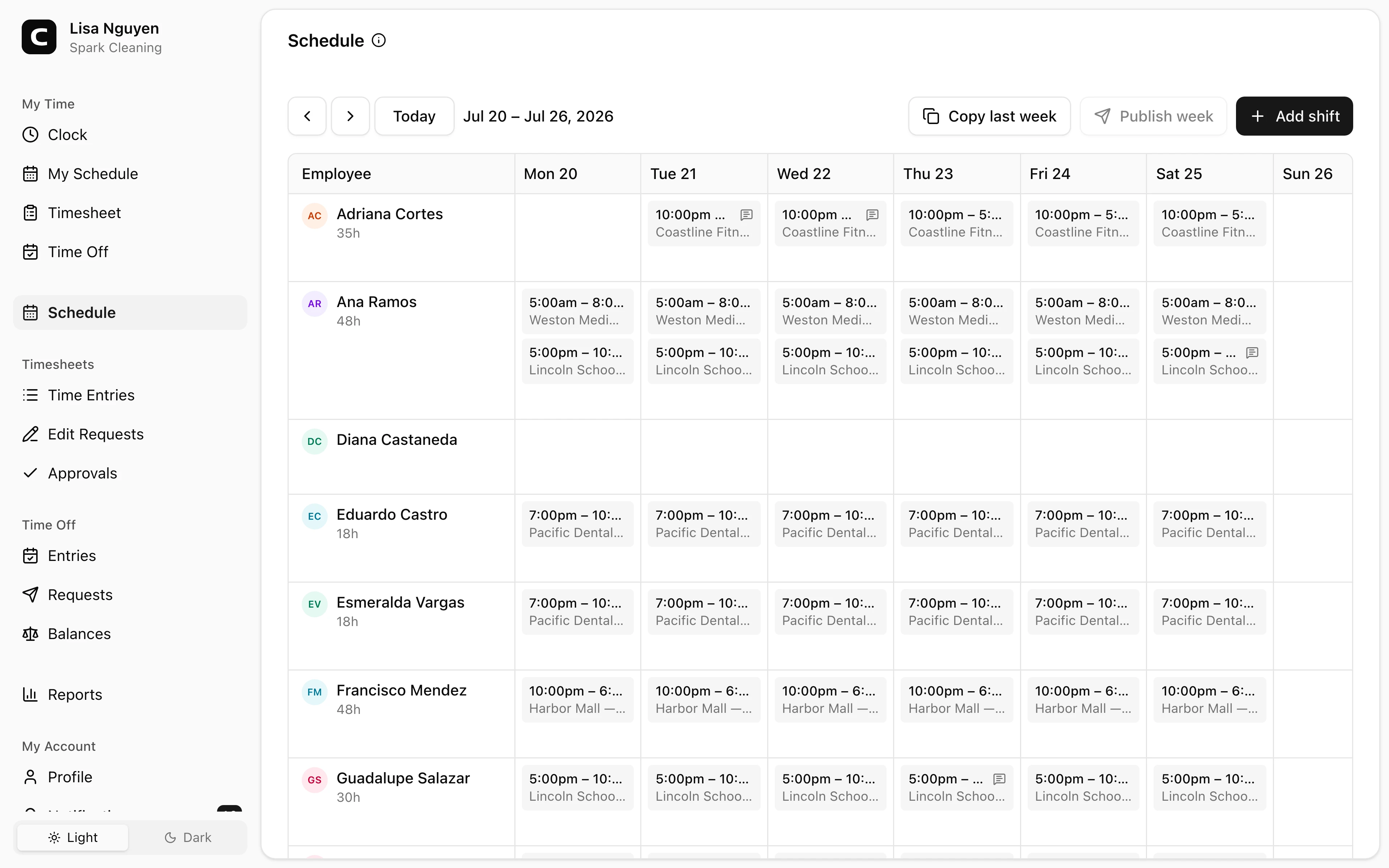 Clockspot Schedule screen. Build a week of shifts as drafts, then publish to make them visible and notify employees.