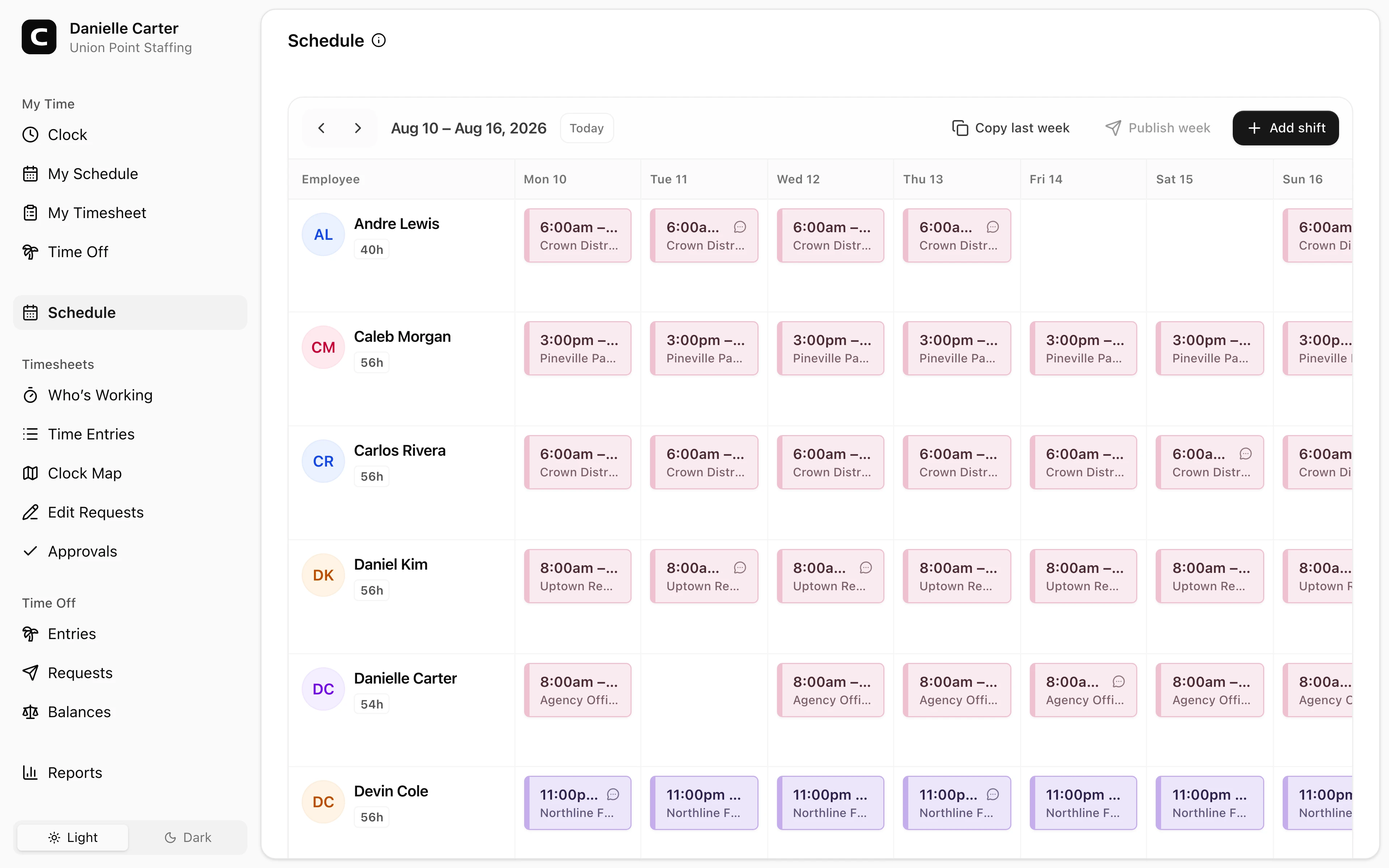 Clockspot schedule showing temporary employee shifts across client jobs