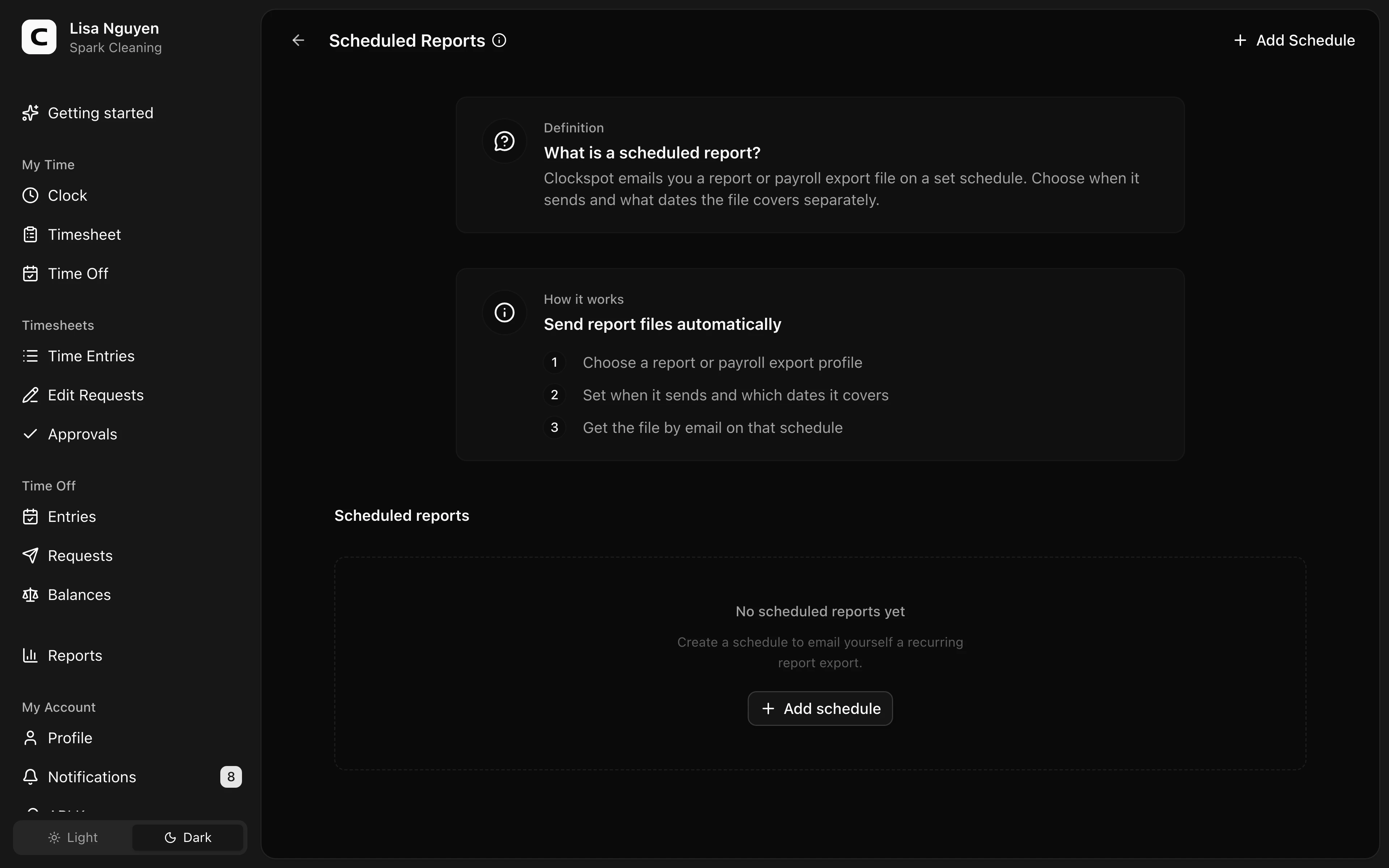 Clockspot Scheduled Reports screen. Email yourself recurring Clockspot report exports and saved payroll export files.