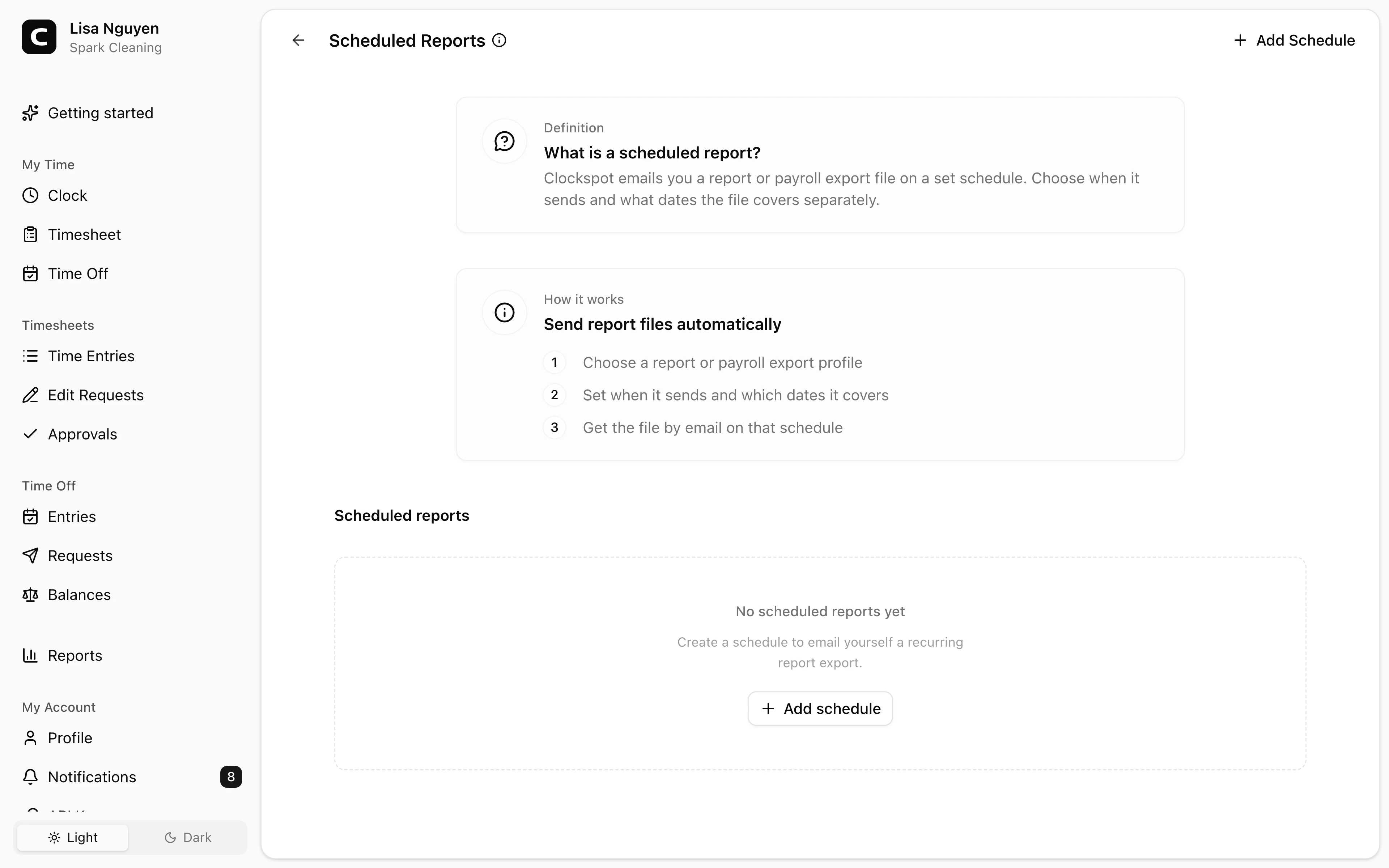 Clockspot Scheduled Reports screen. Email yourself recurring Clockspot report exports and saved payroll export files.