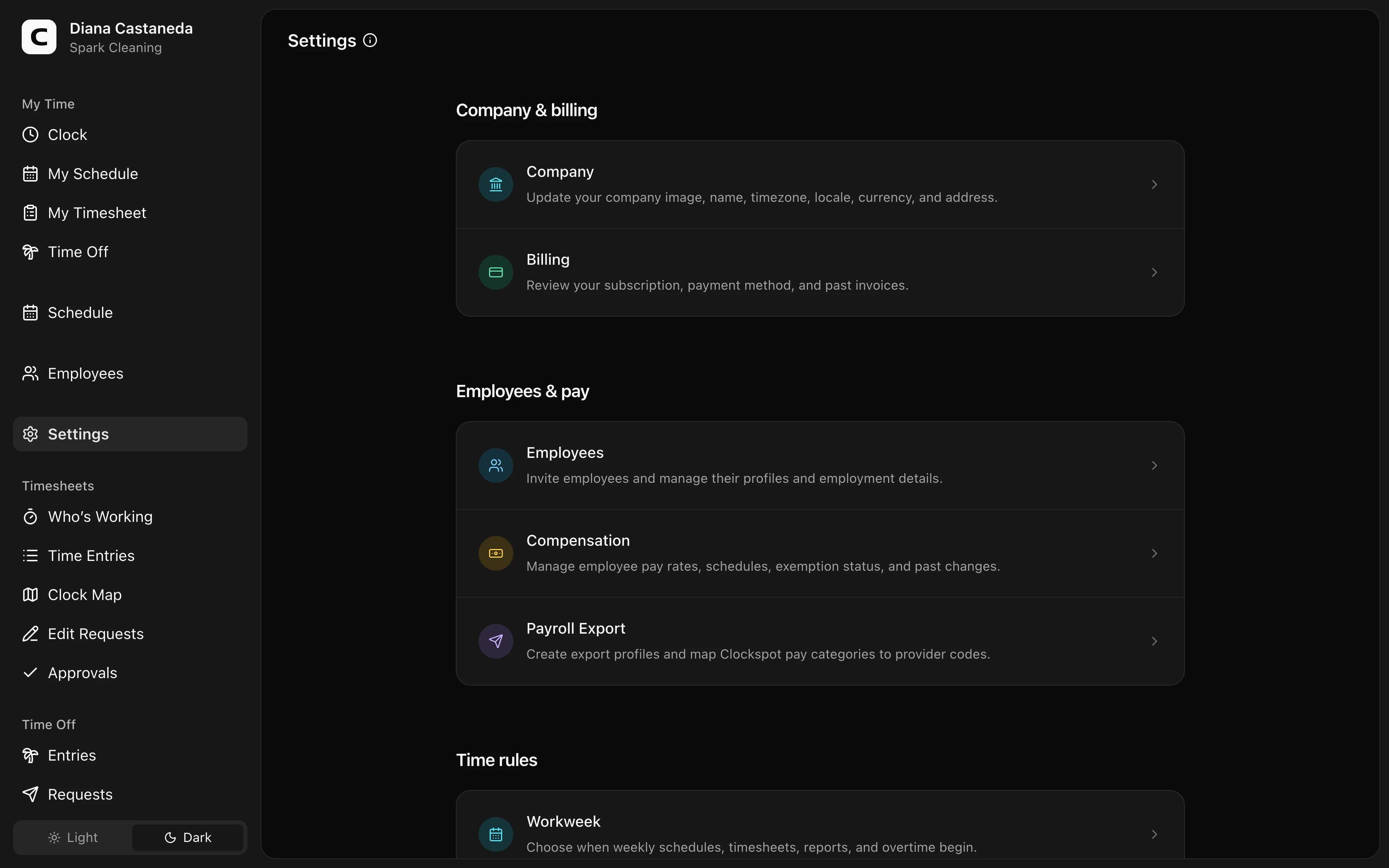 Clockspot Settings screen. Find workspace setup for company details, employees, pay, time rules, alerts, jobs, clocking, or billing.