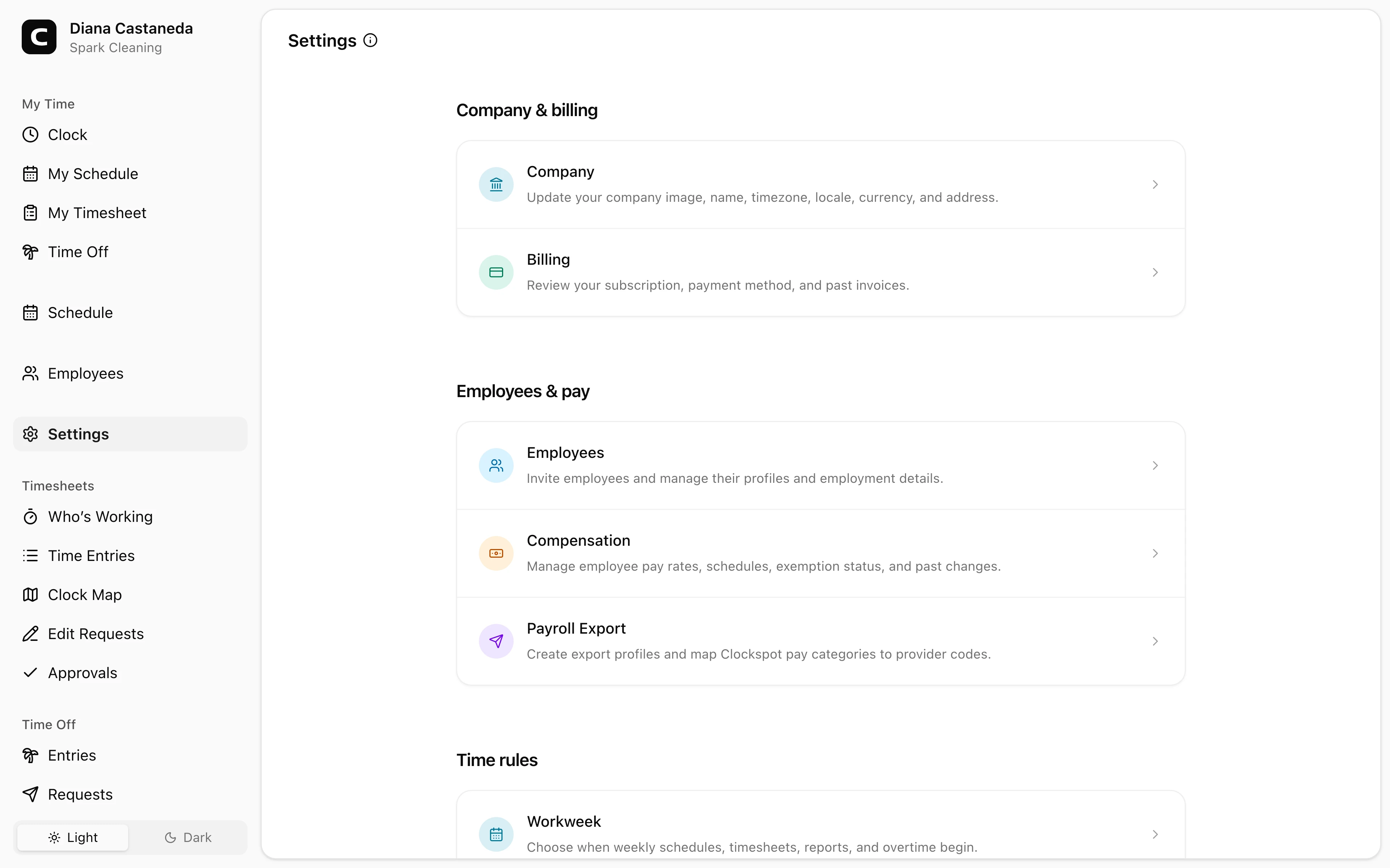 Clockspot Settings screen. Find workspace setup for company details, employees, pay, time rules, alerts, jobs, clocking, or billing.