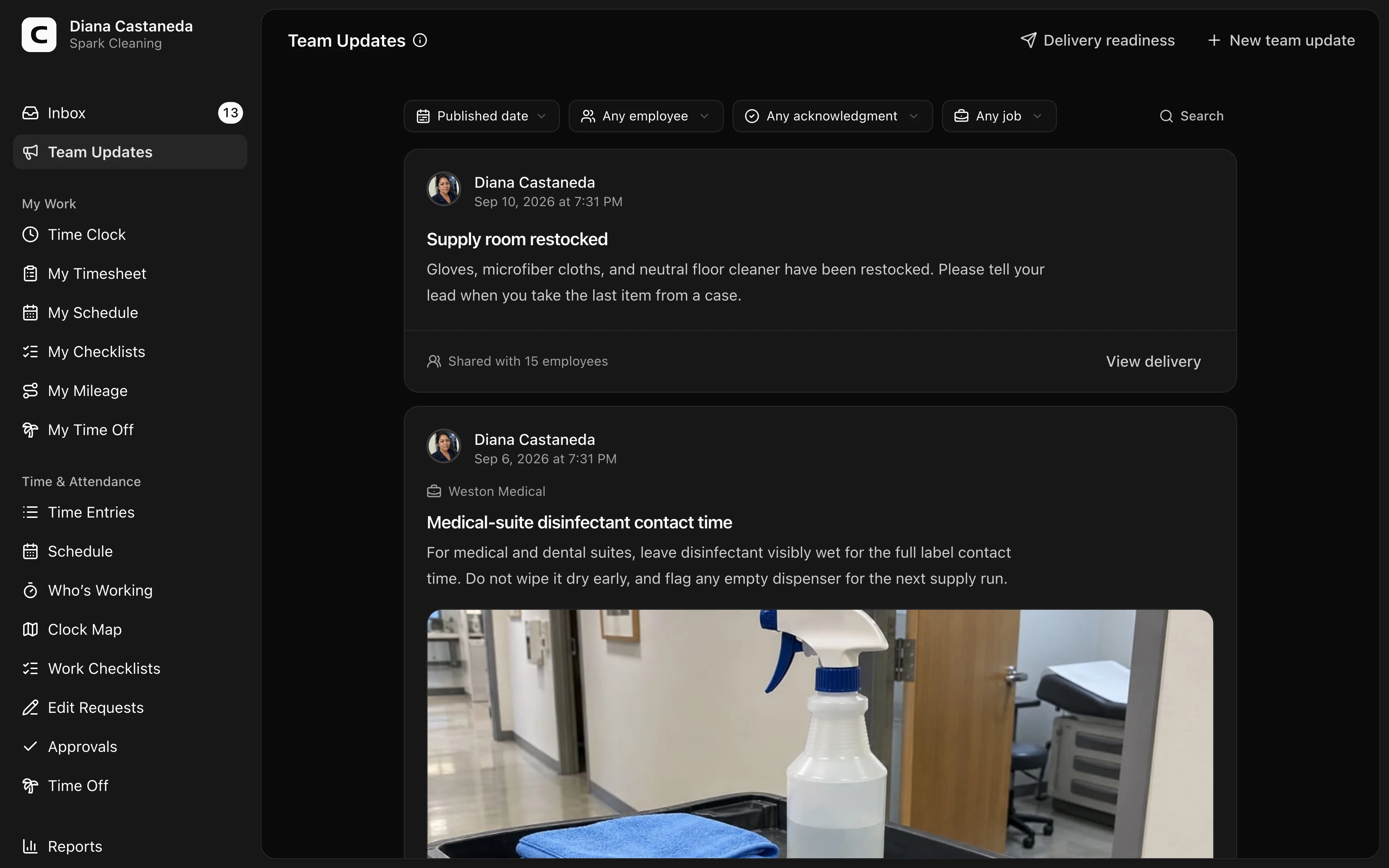 Clockspot Team Updates screen. Read workplace updates, confirm the ones that require acknowledgment, or publish an update to the right employees at the right time.