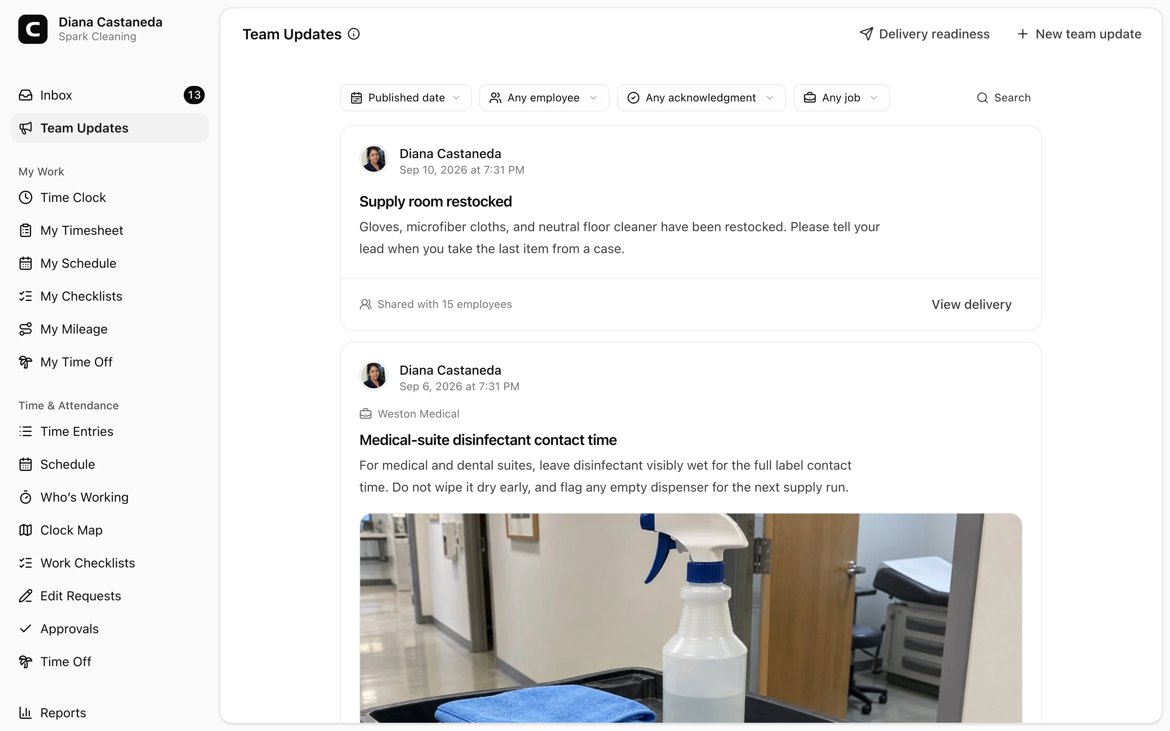 Clockspot Team Updates screen. Read workplace updates, confirm the ones that require acknowledgment, or publish an update to the right employees at the right time.