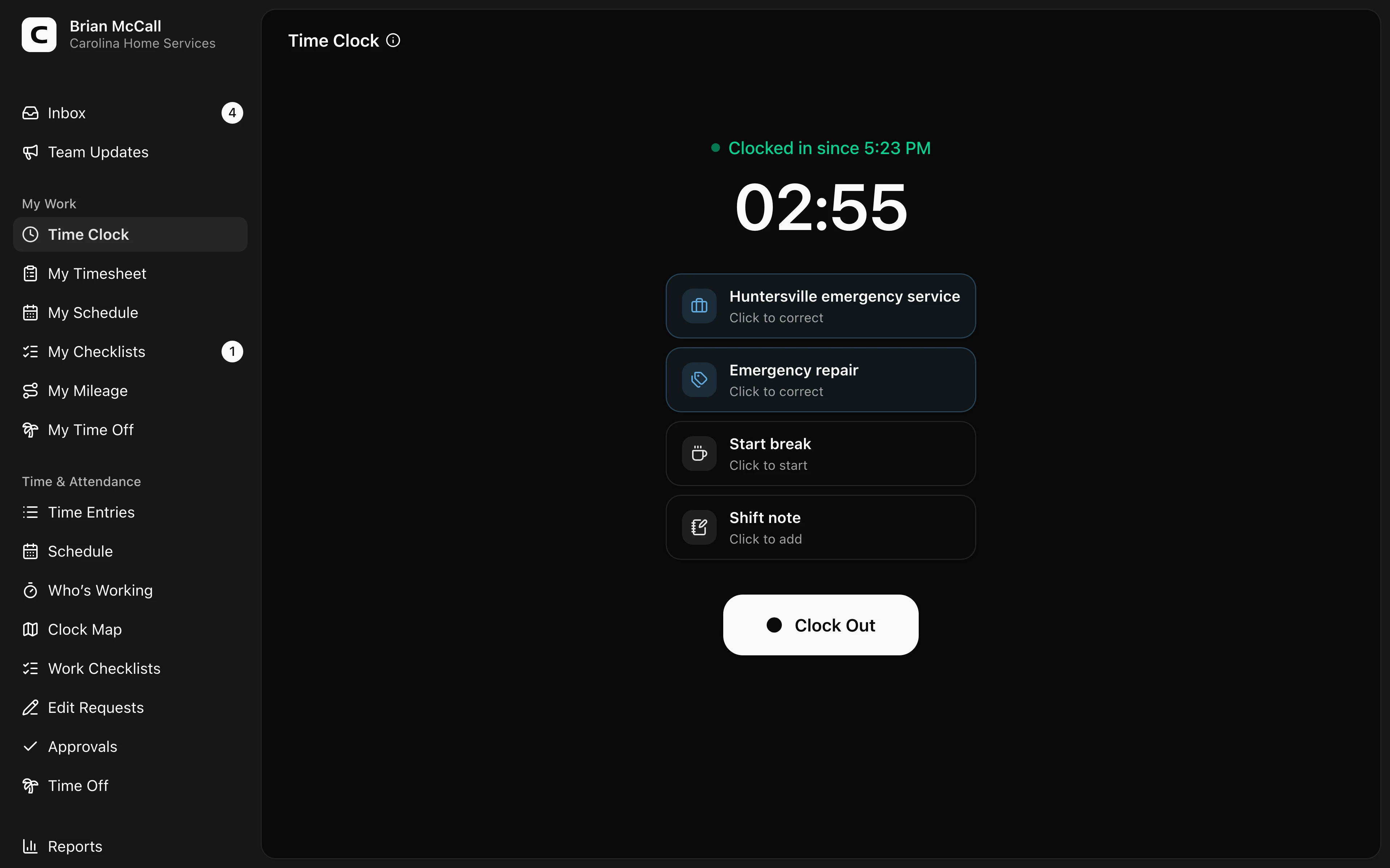 Clockspot Time Clock screen