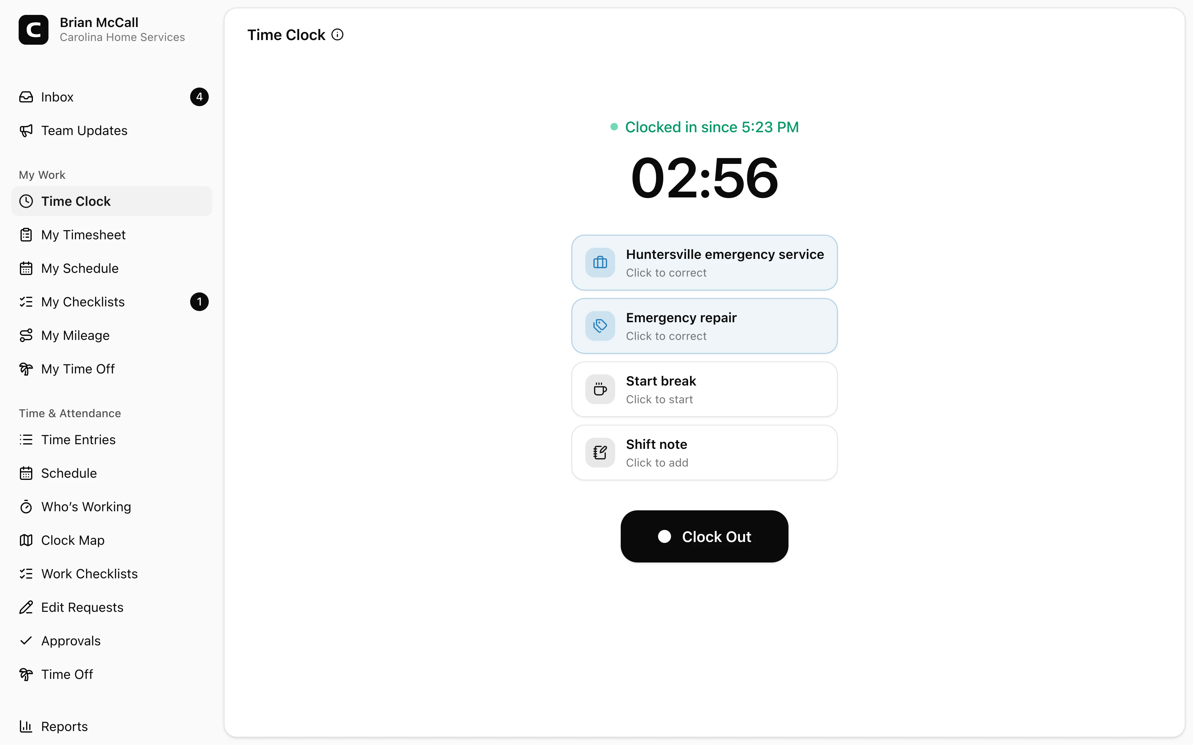 Clockspot Time Clock screen