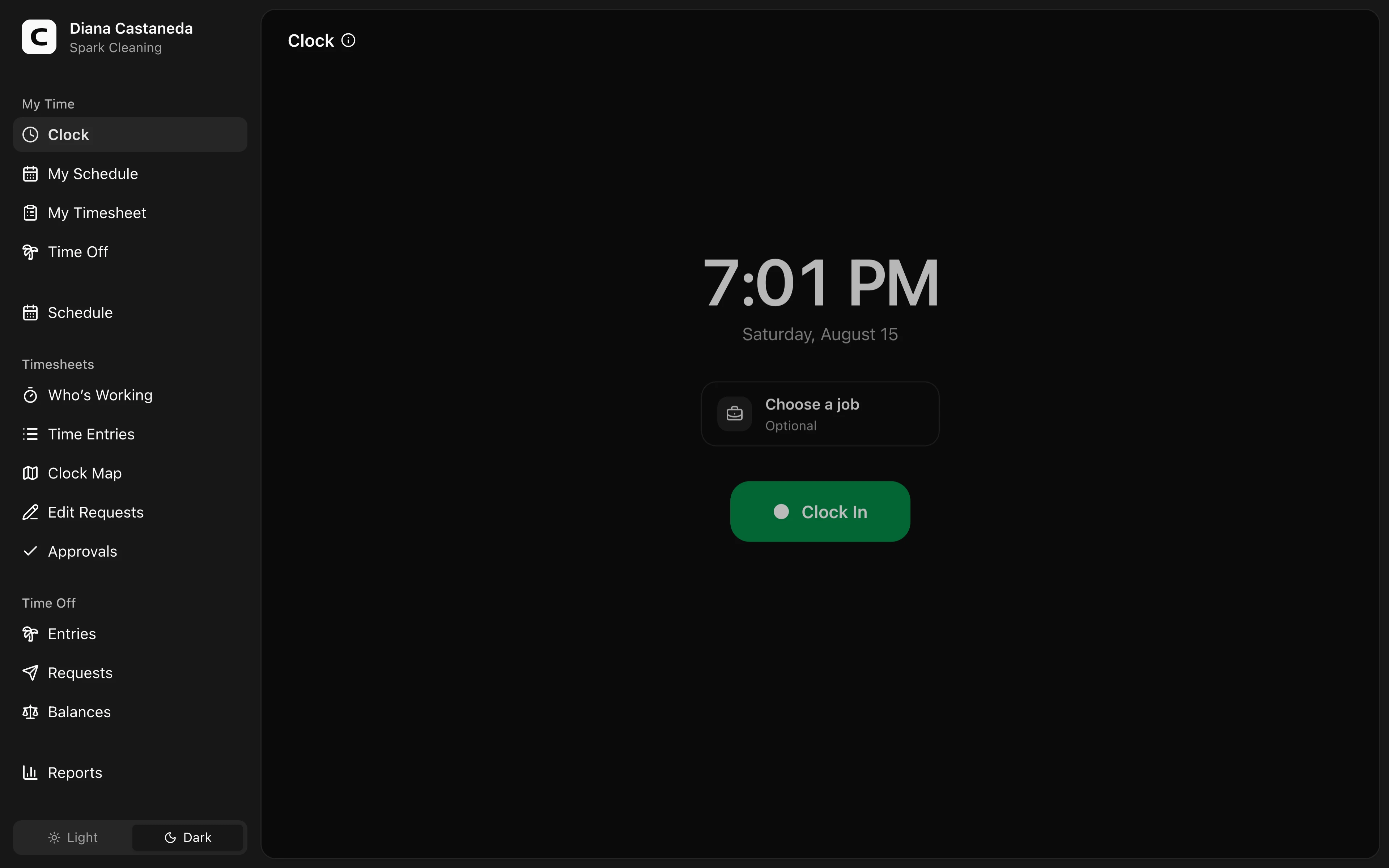 Clockspot Time Clock screen. Clock in and out for a shift, select a job when required, add useful notes, and see the status Clockspot records after each action.