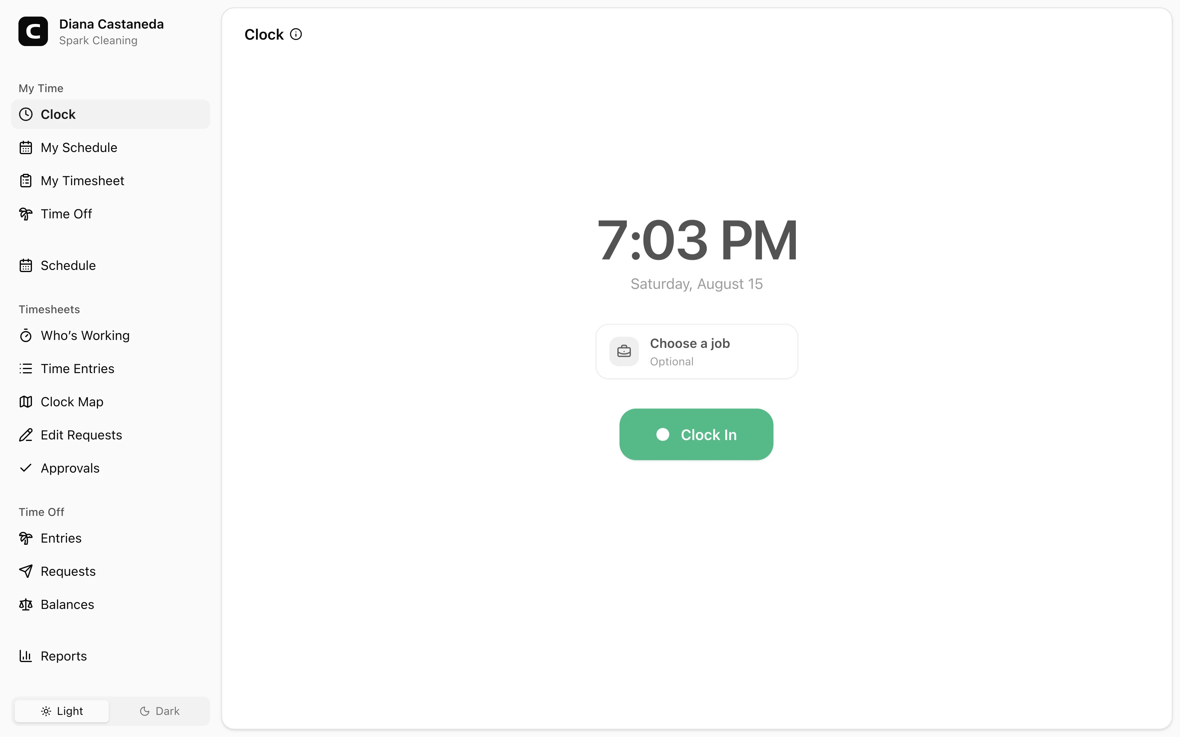 Clockspot Time Clock screen. Clock in and out for a shift, select a job when required, add useful notes, and see the status Clockspot records after each action.