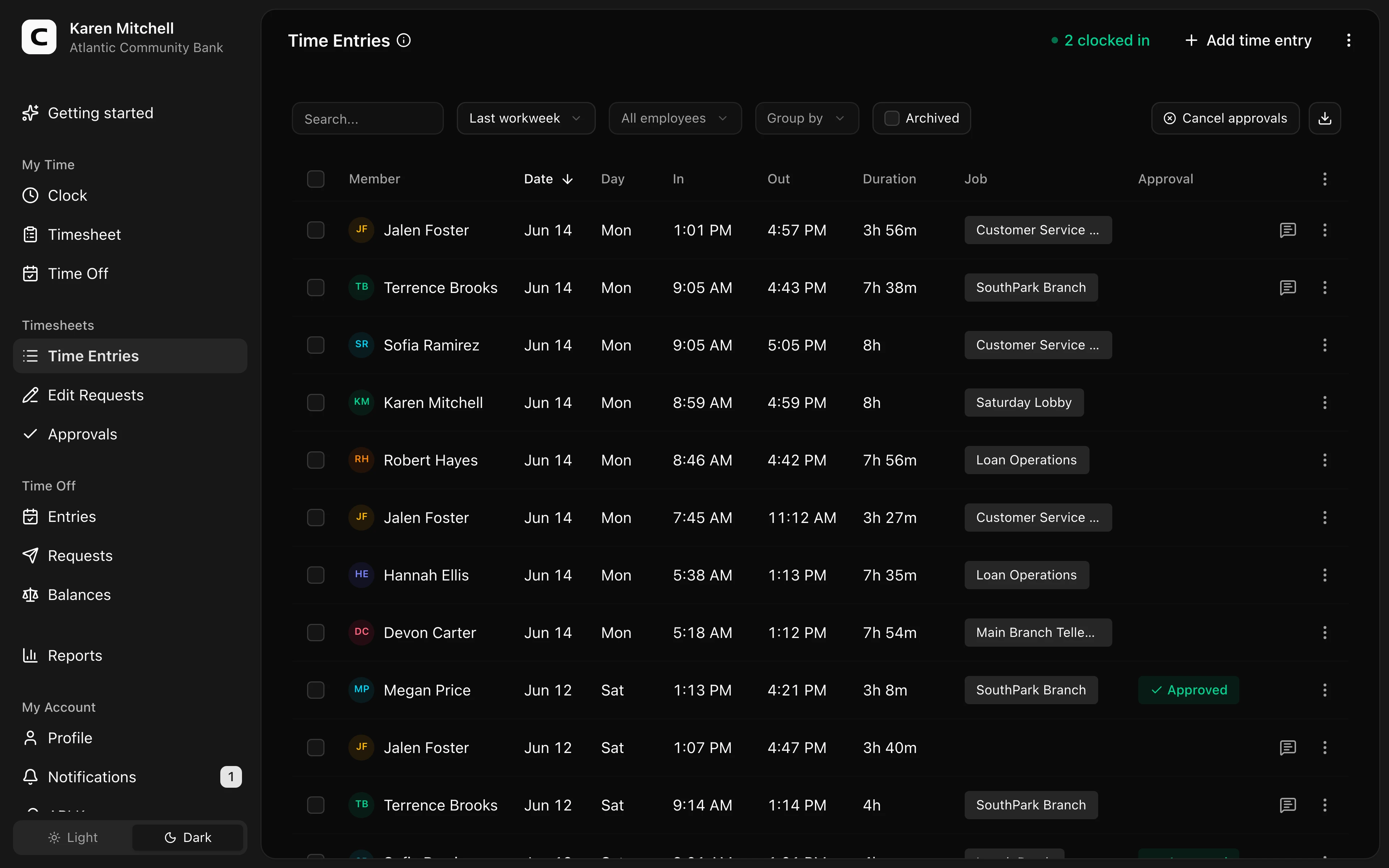 Clockspot Time Entries screen