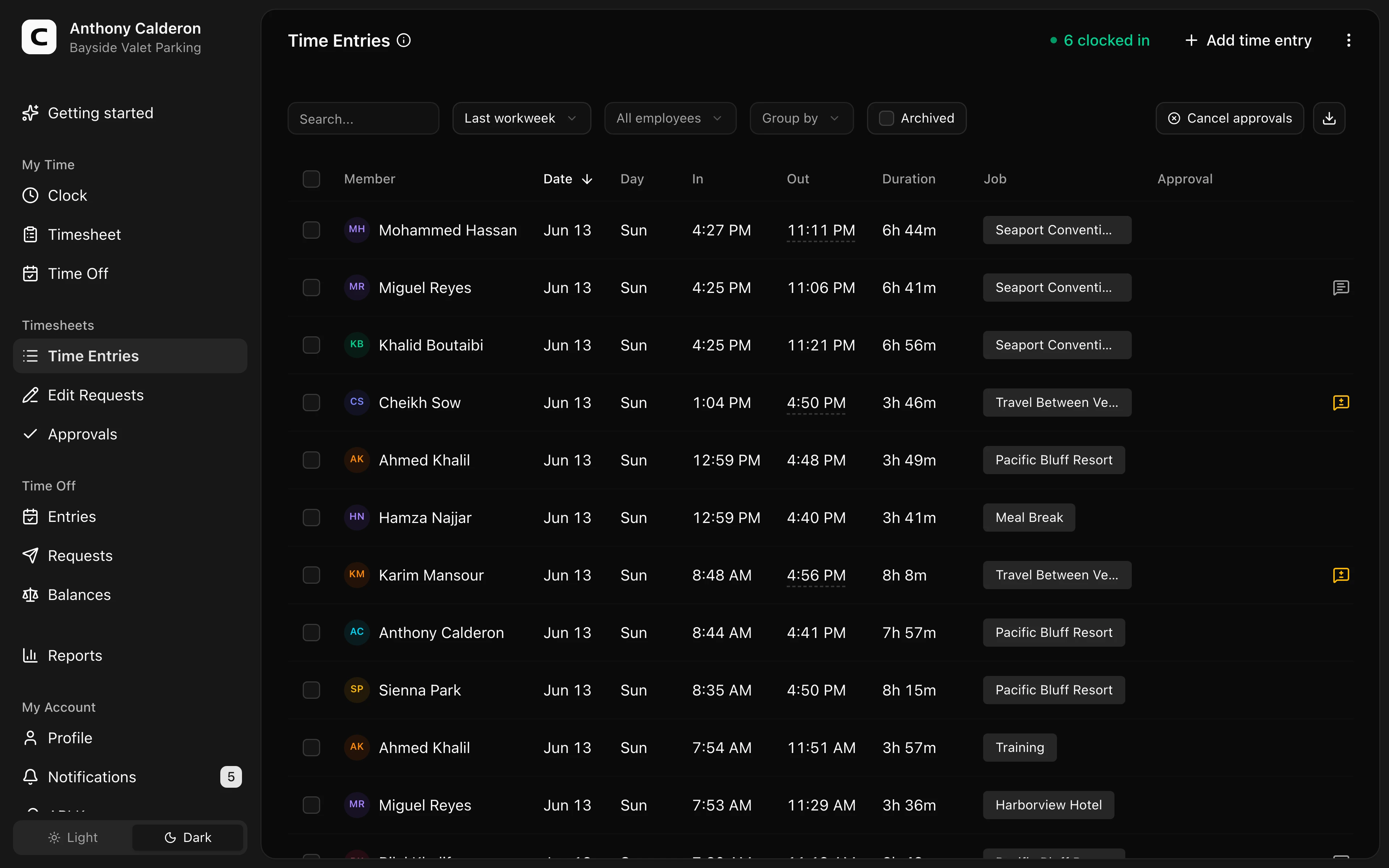 Clockspot Time Entries screen