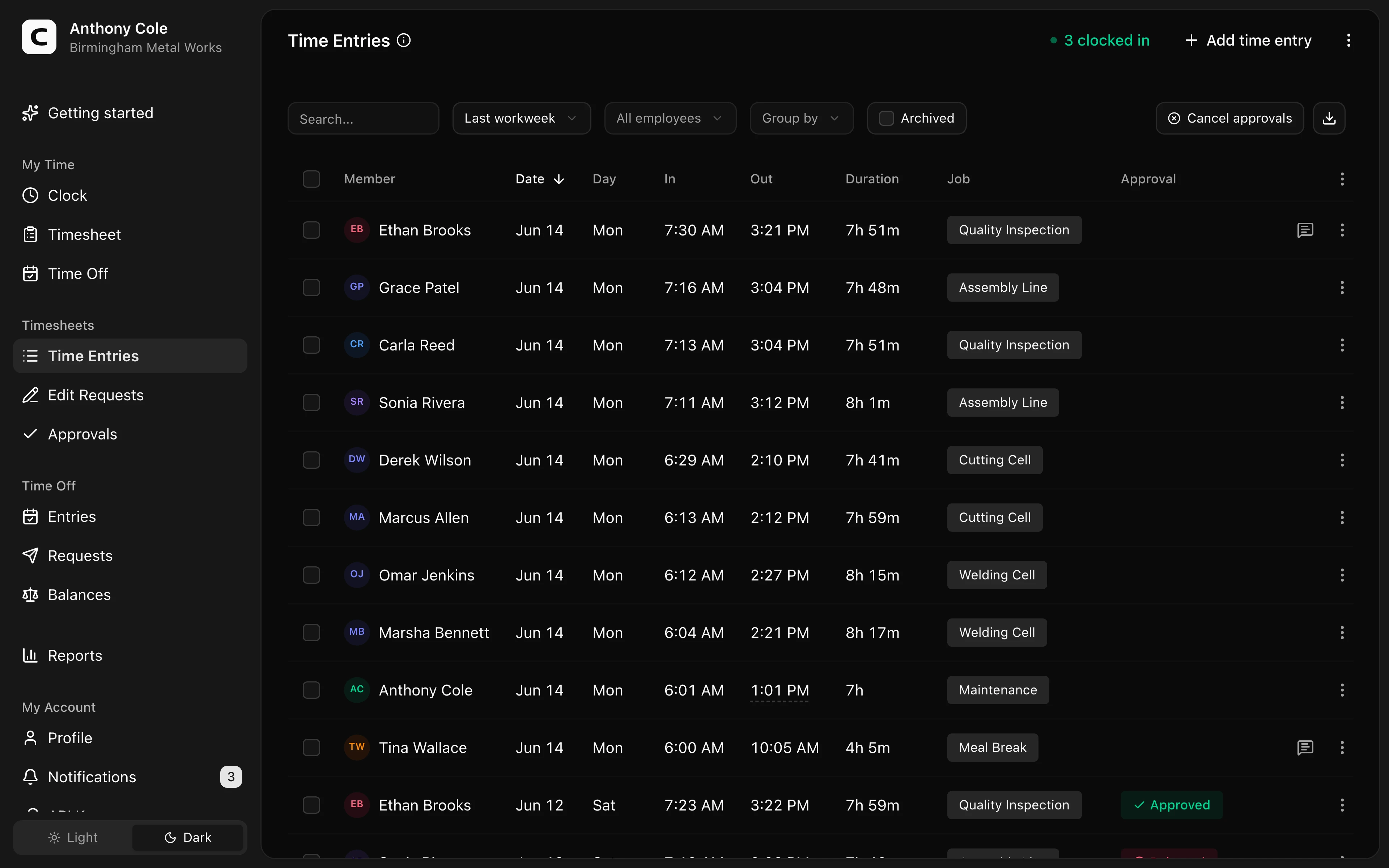 Clockspot Time Entries screen