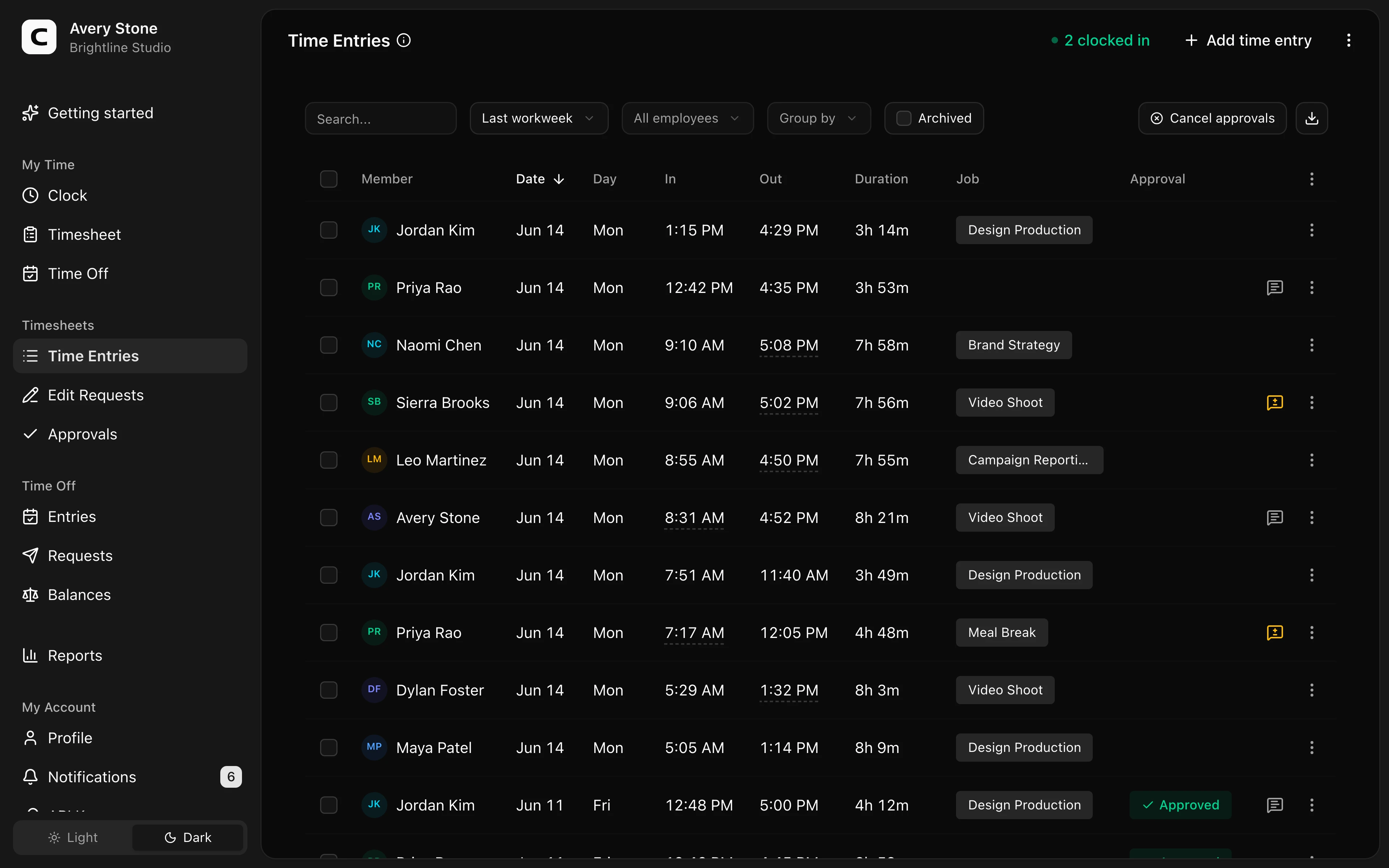 Clockspot Time Entries screen