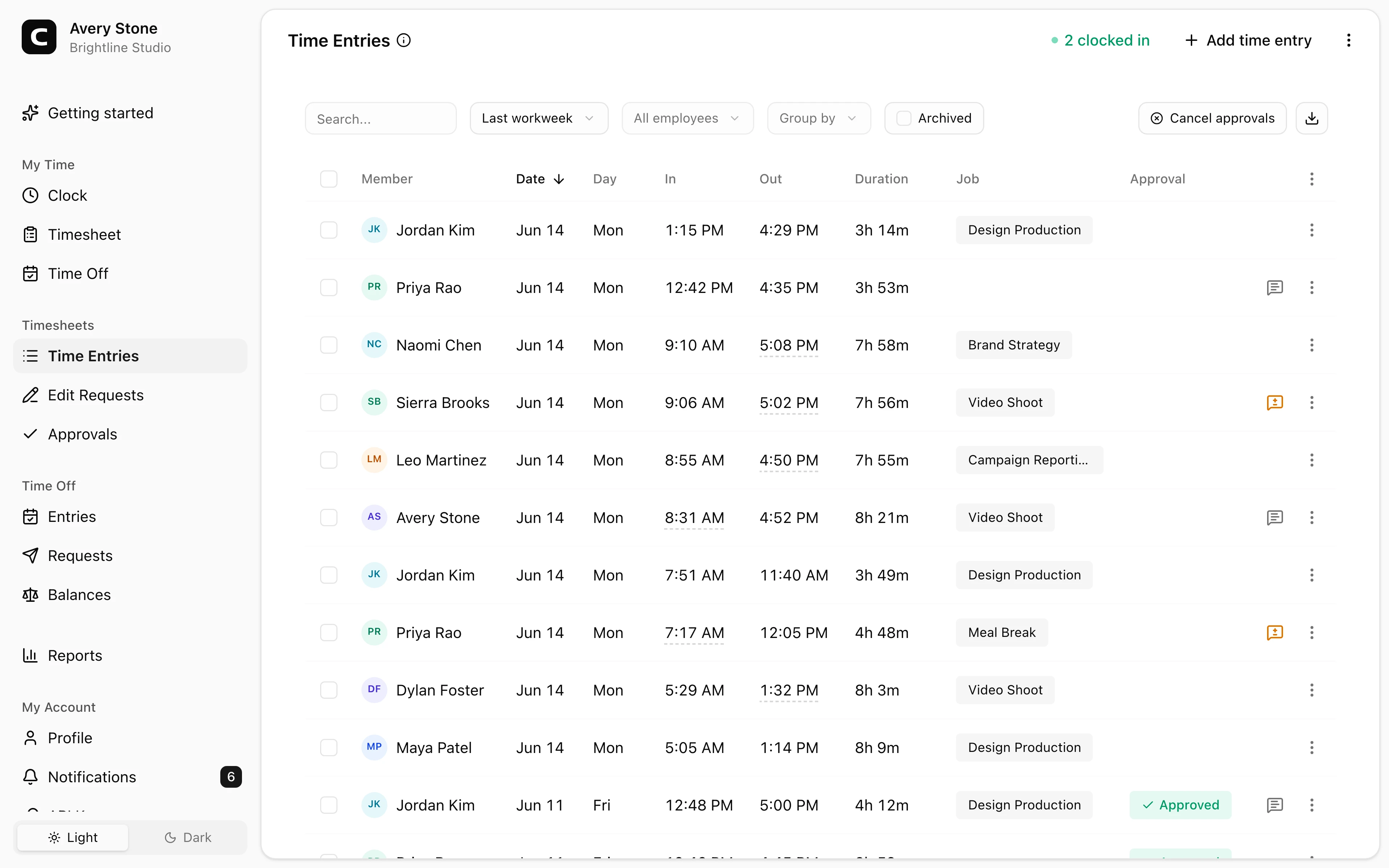 Clockspot Time Entries screen
