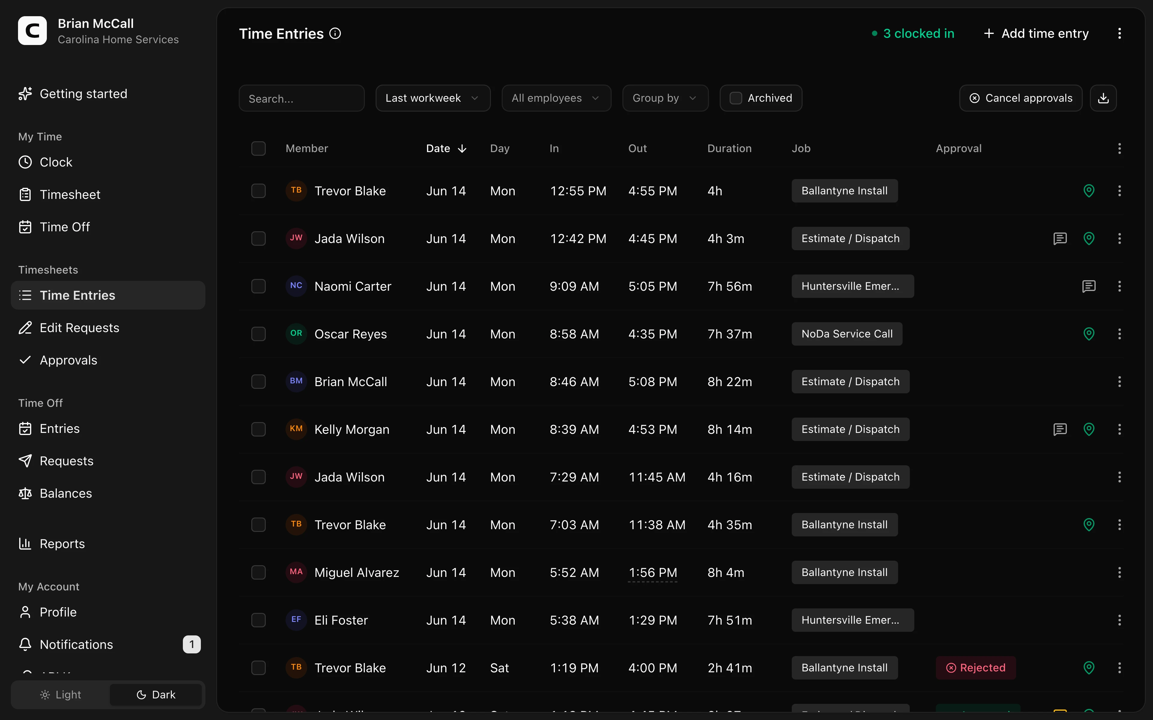 Clockspot Time Entries screen