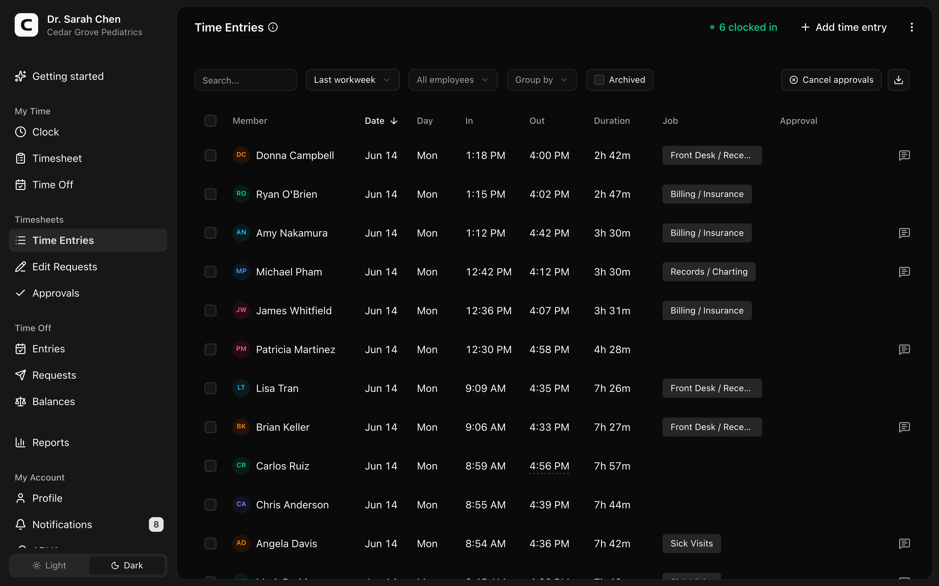 Clockspot Time Entries screen