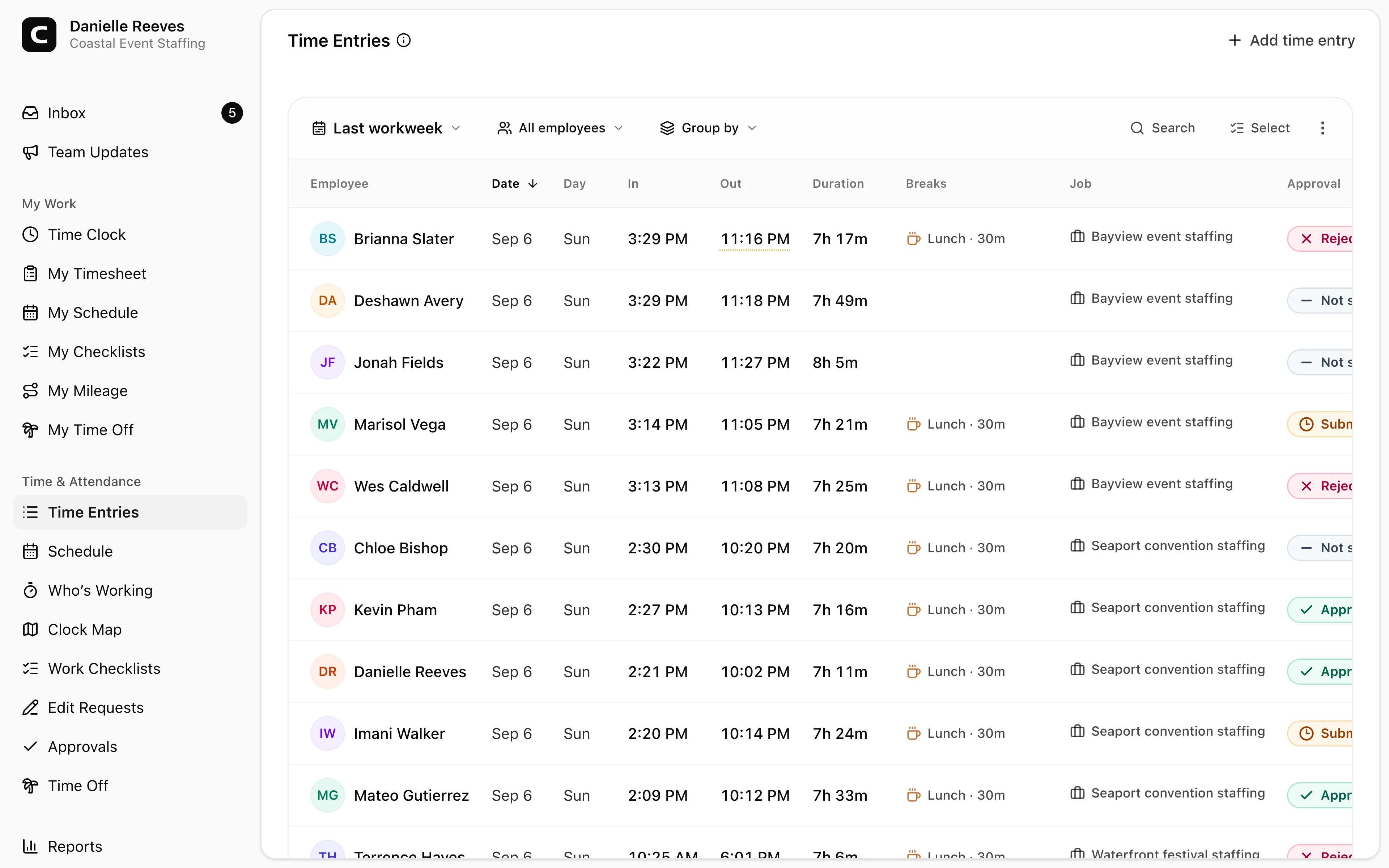 Clockspot Time Entries showing event staff hours by venue with jobs, breaks, and approval states