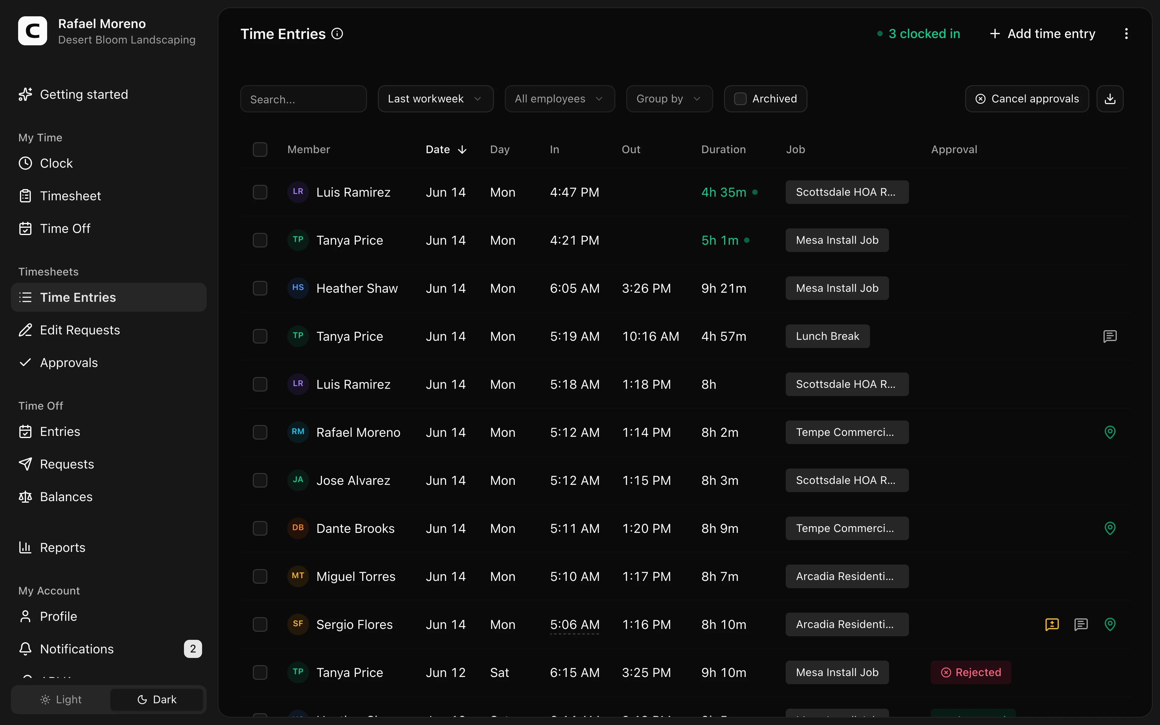 Clockspot Time Entries screen