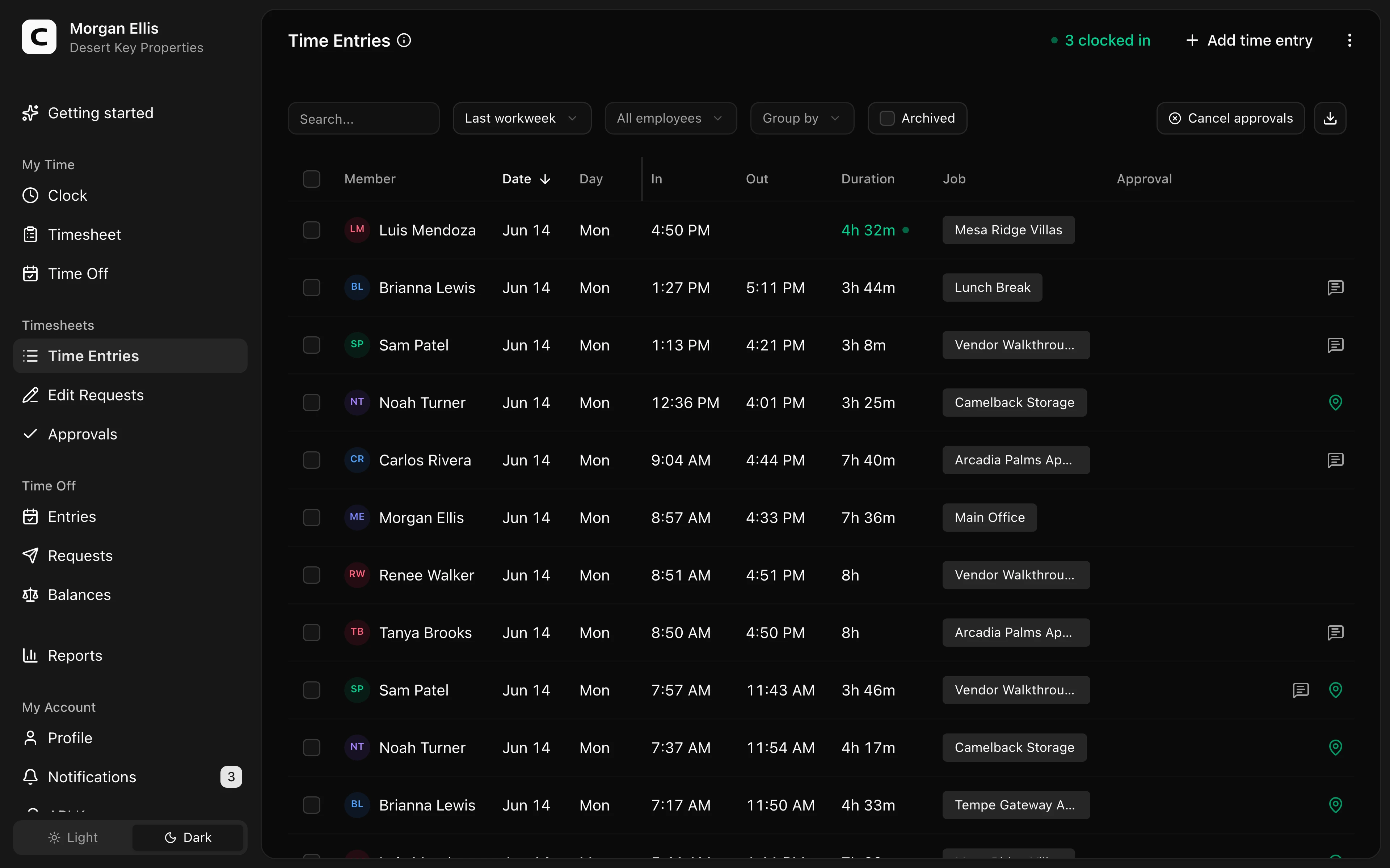Clockspot Time Entries screen