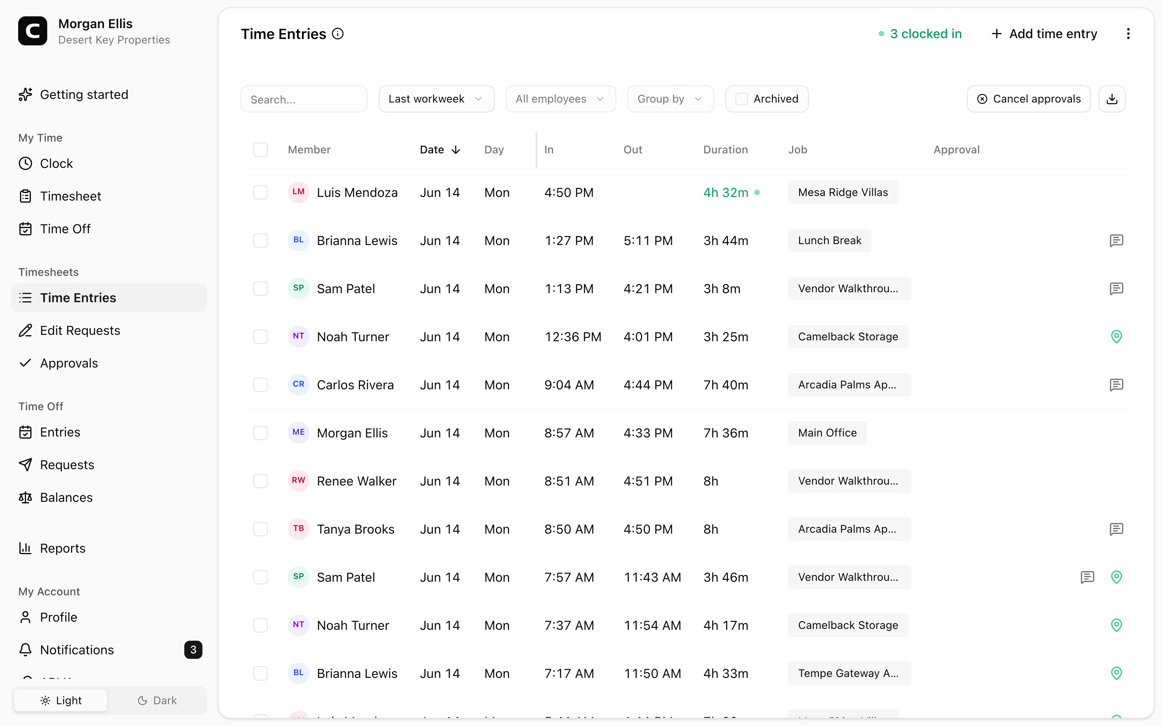 Clockspot Time Entries screen