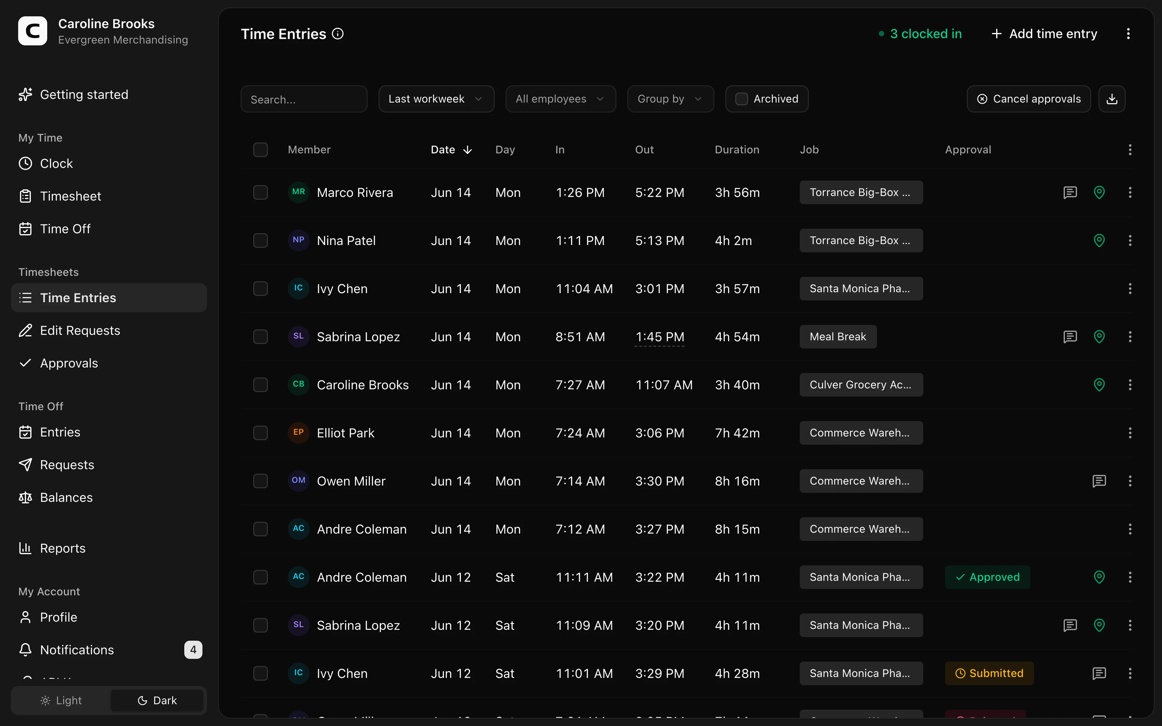 Clockspot Time Entries screen