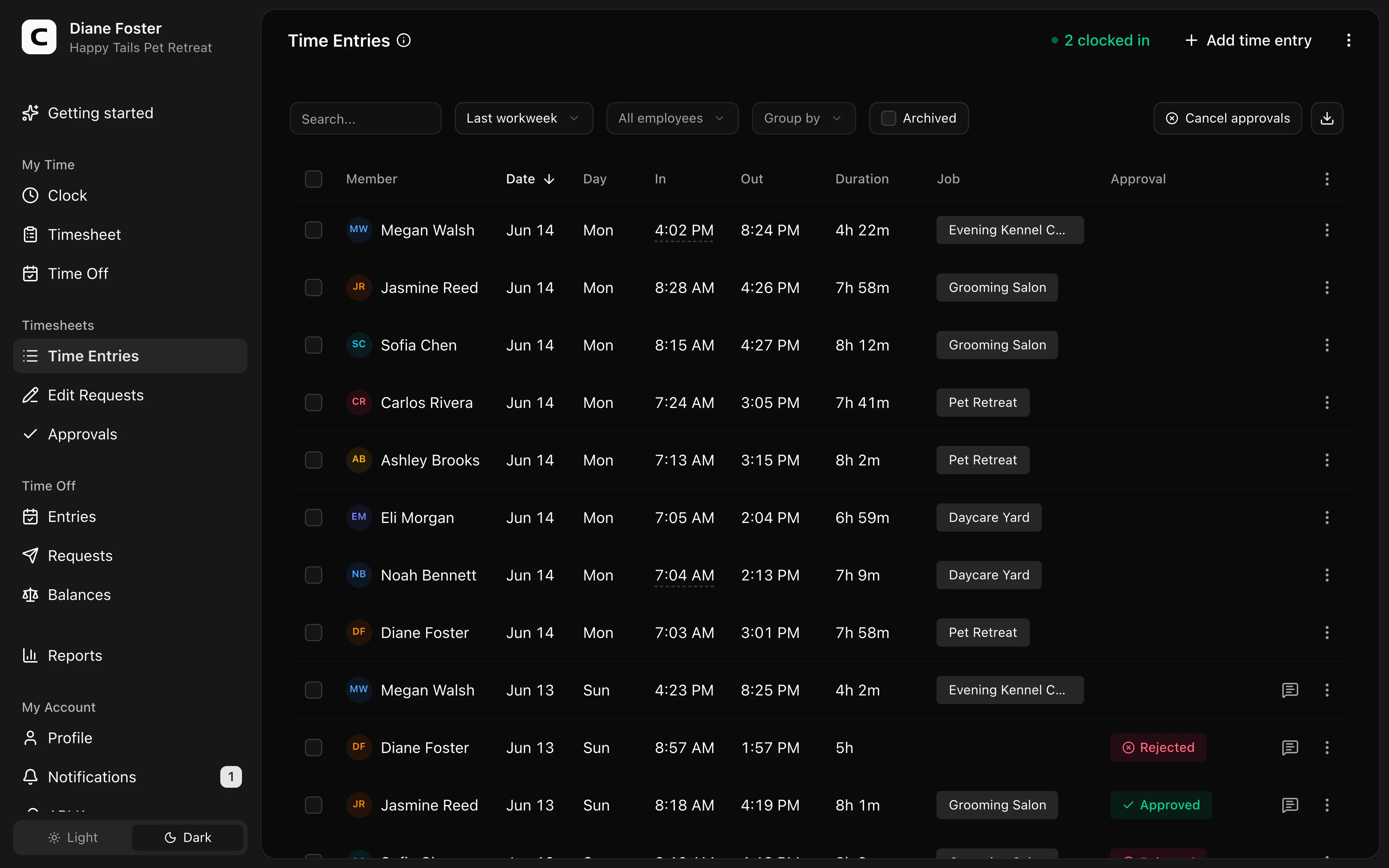 Clockspot Time Entries screen