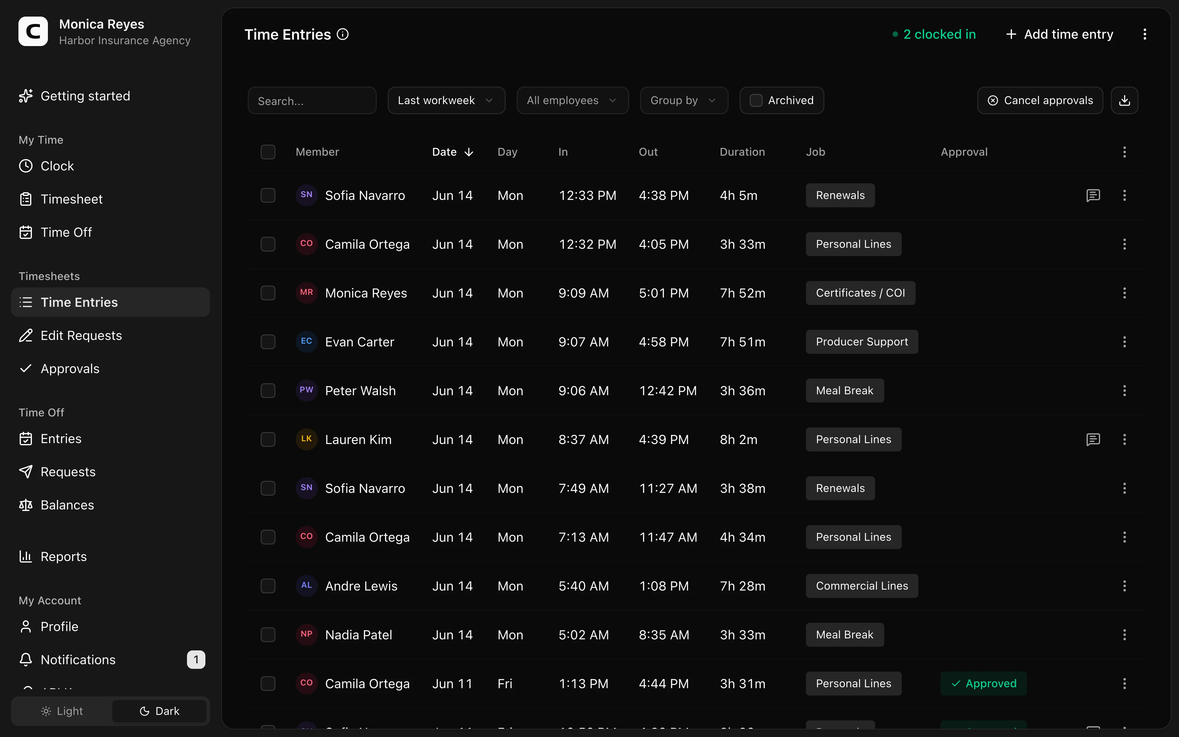 Clockspot Time Entries screen