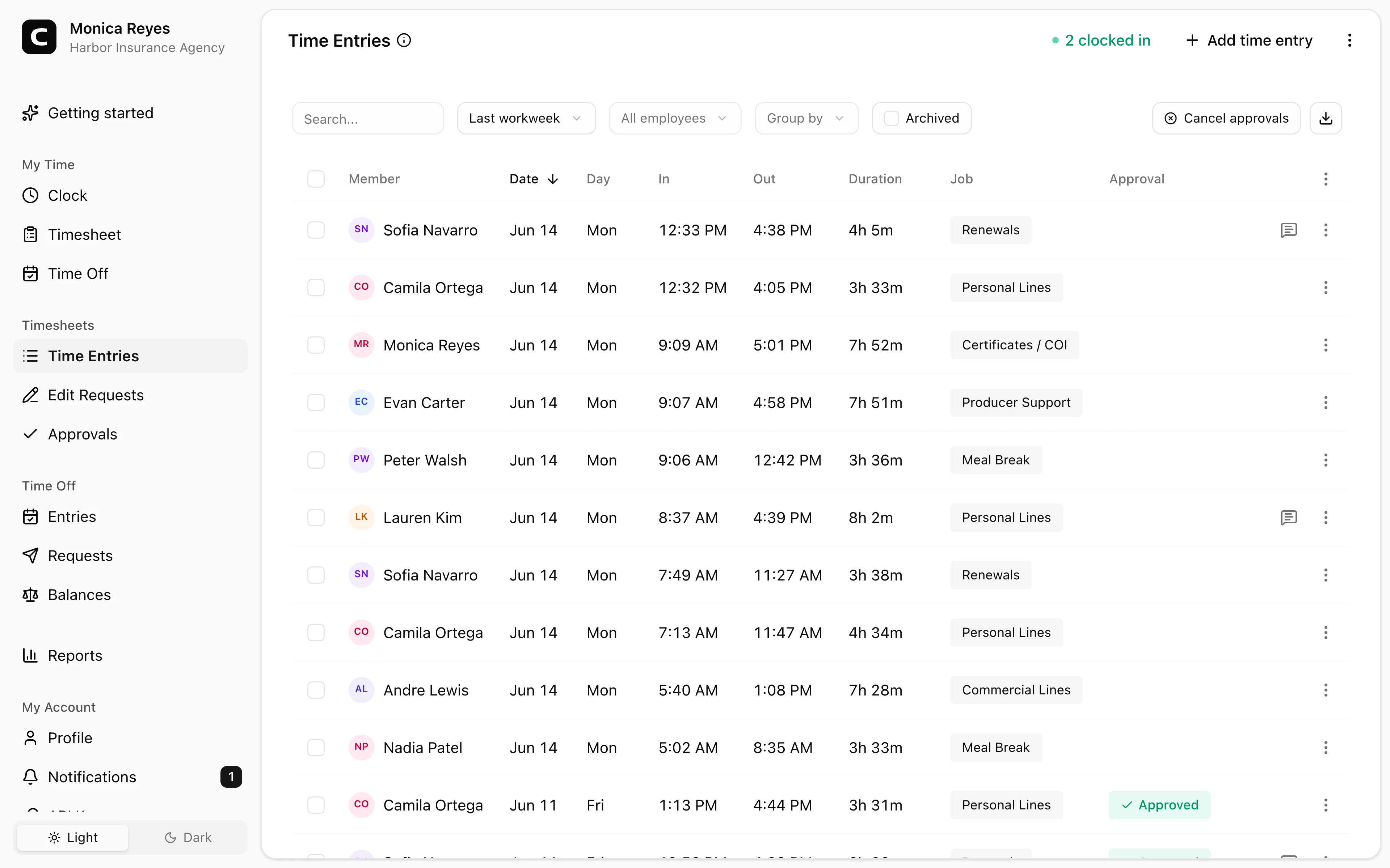 Clockspot Time Entries screen