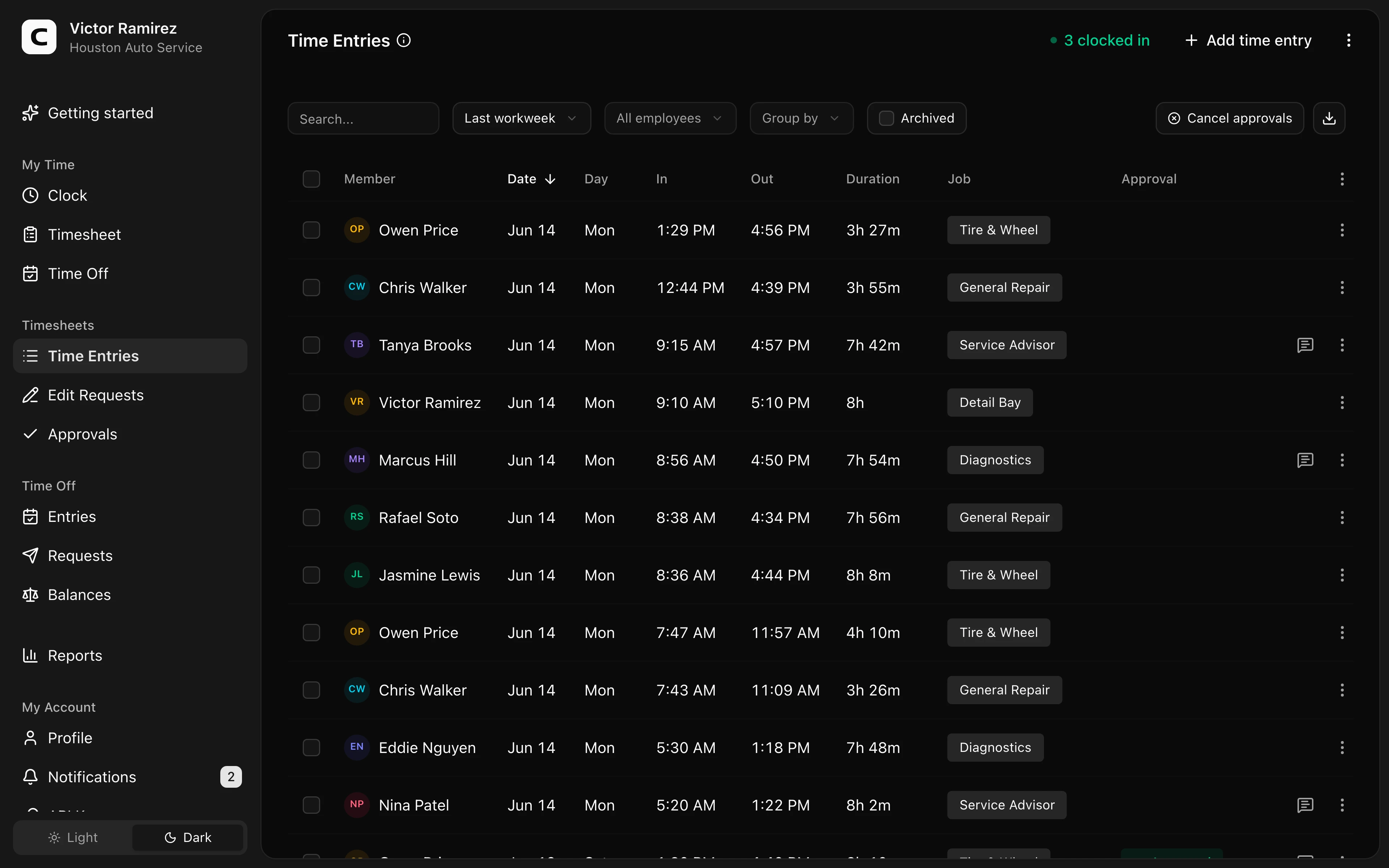Clockspot Time Entries screen
