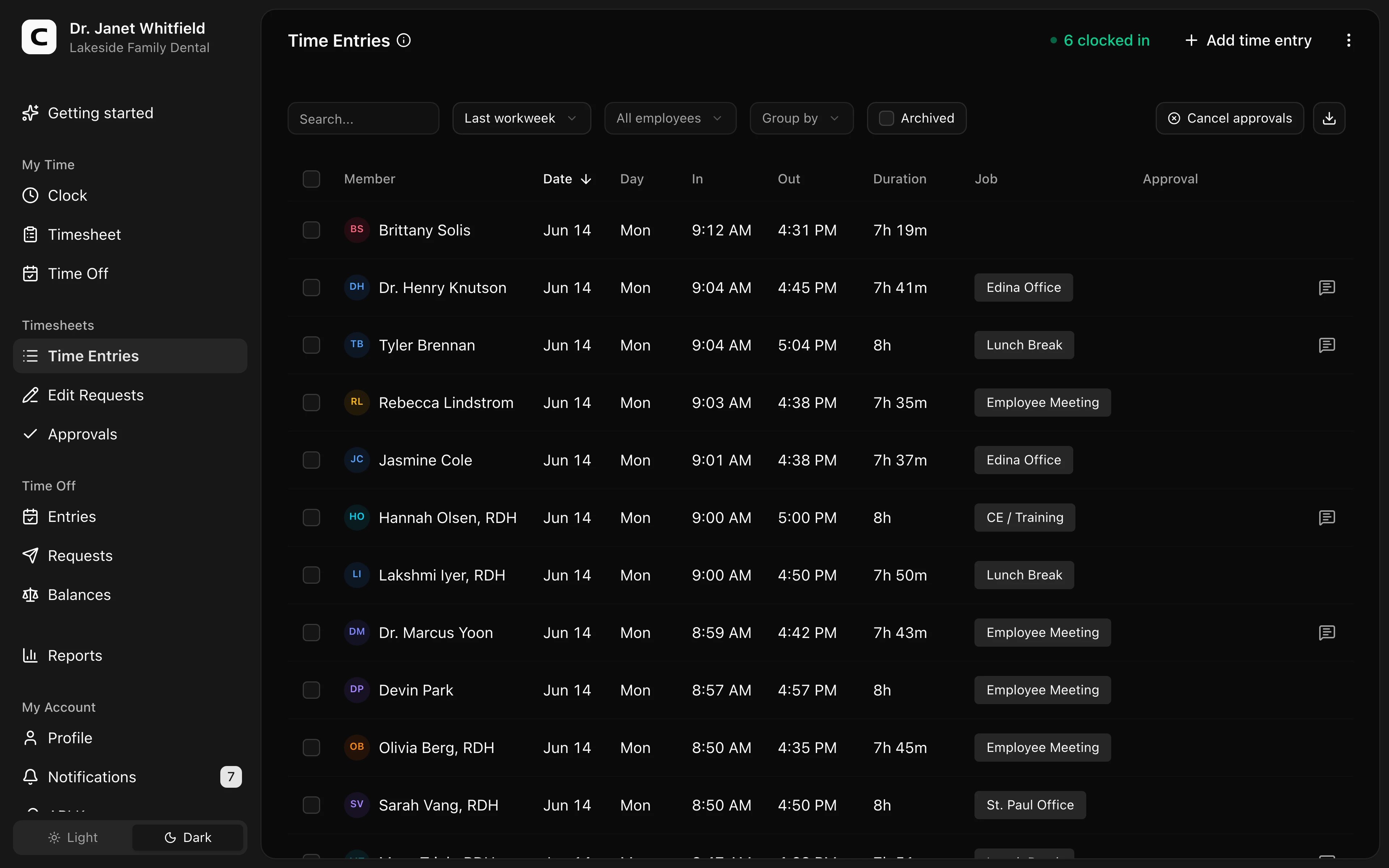 Clockspot Time Entries screen