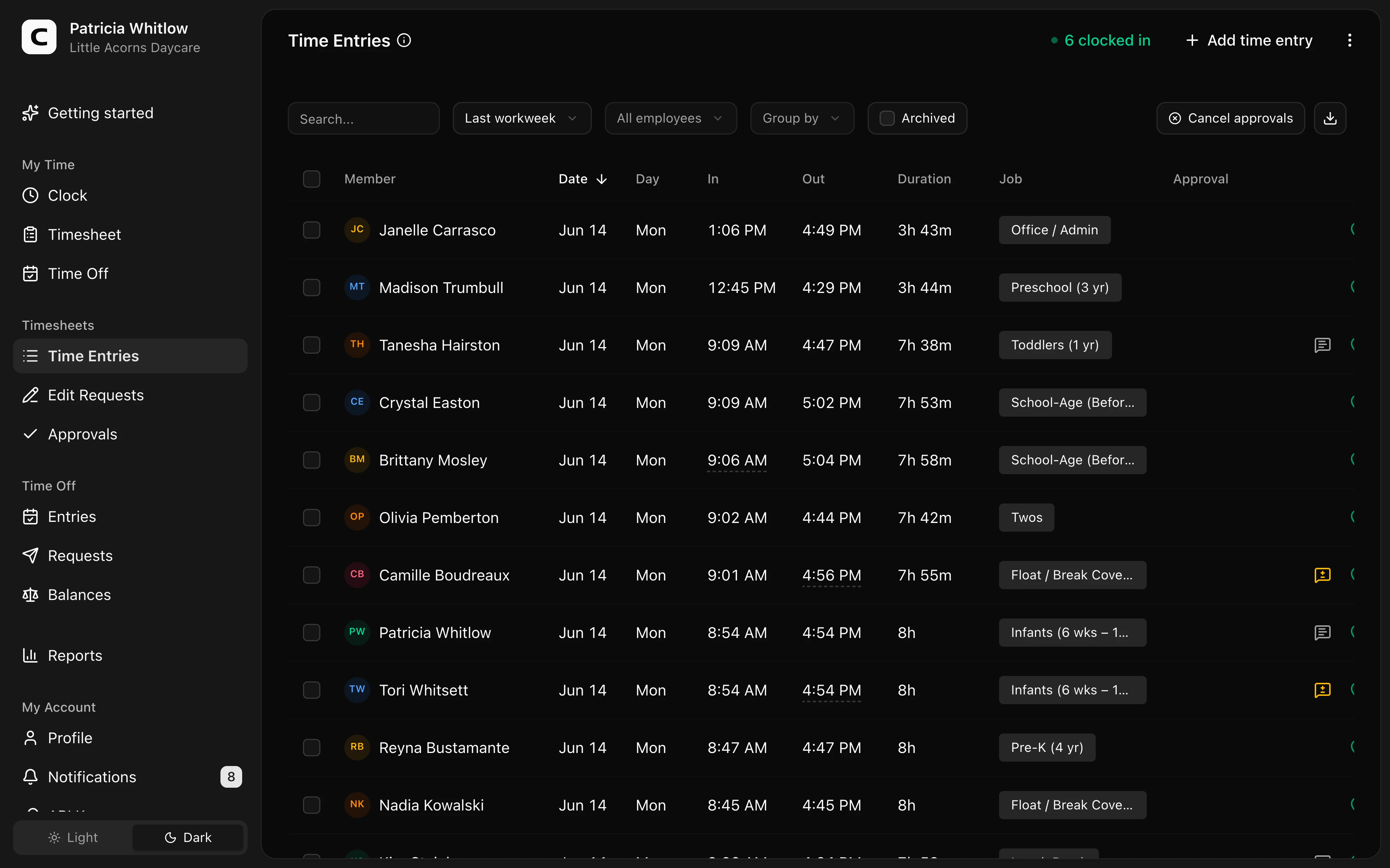 Clockspot Time Entries screen