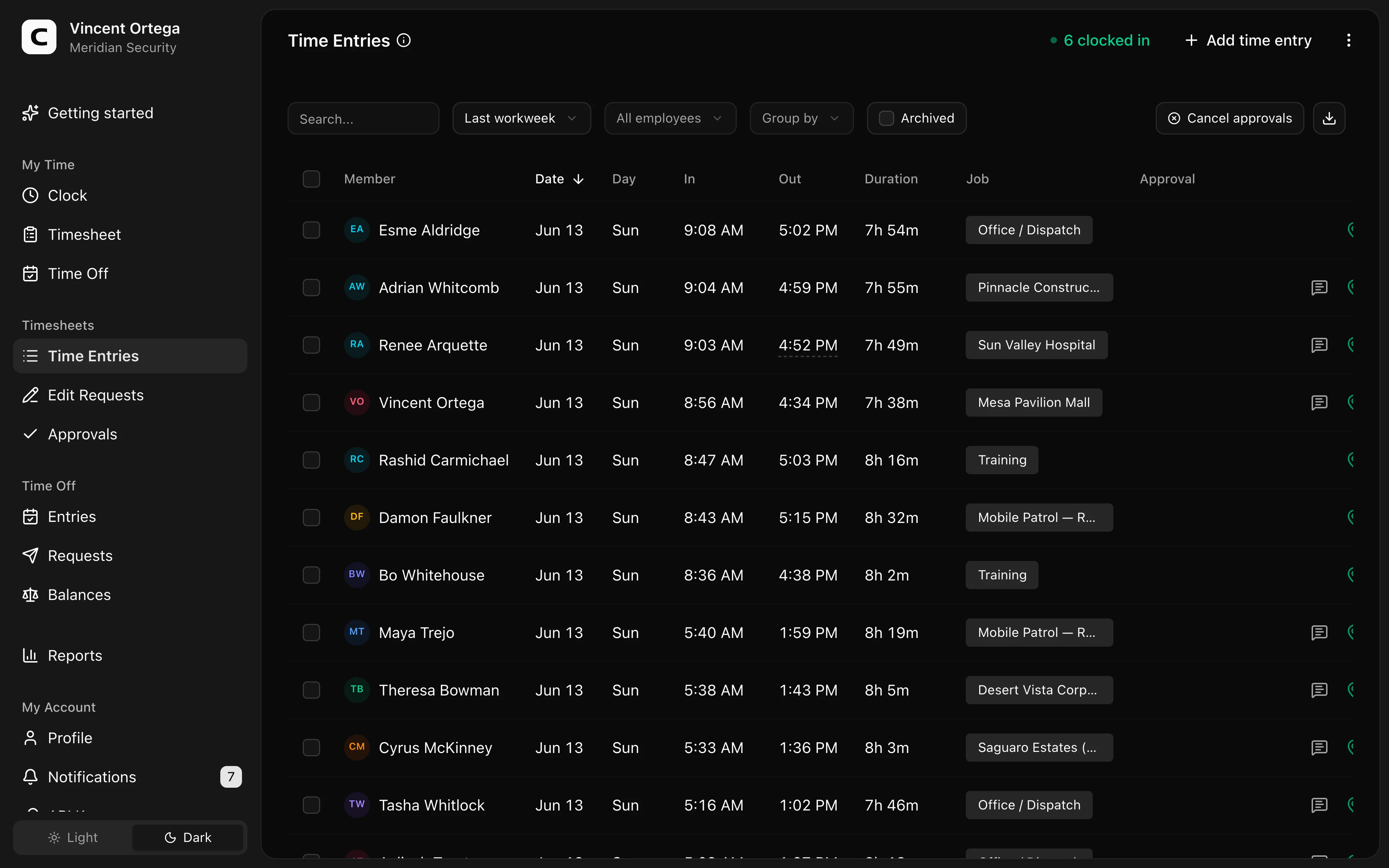 Clockspot Time Entries screen