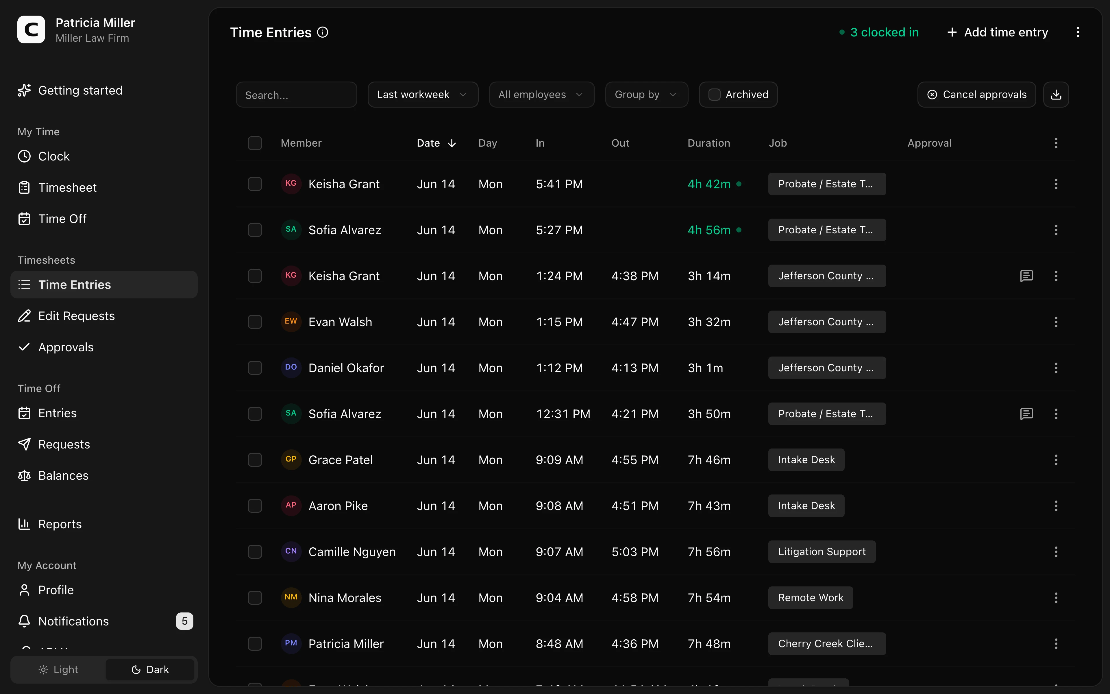 Clockspot Time Entries screen