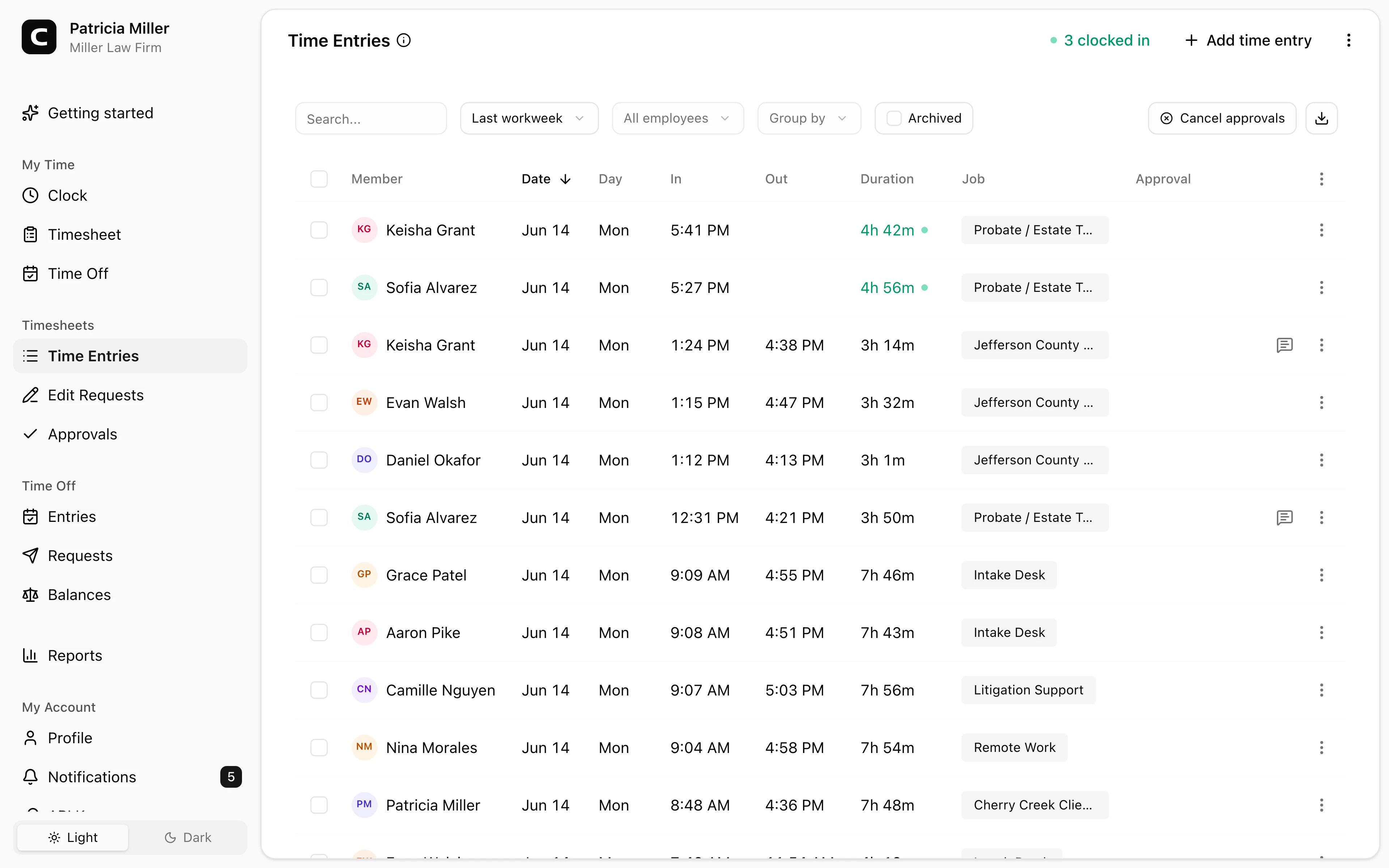 Clockspot Time Entries screen