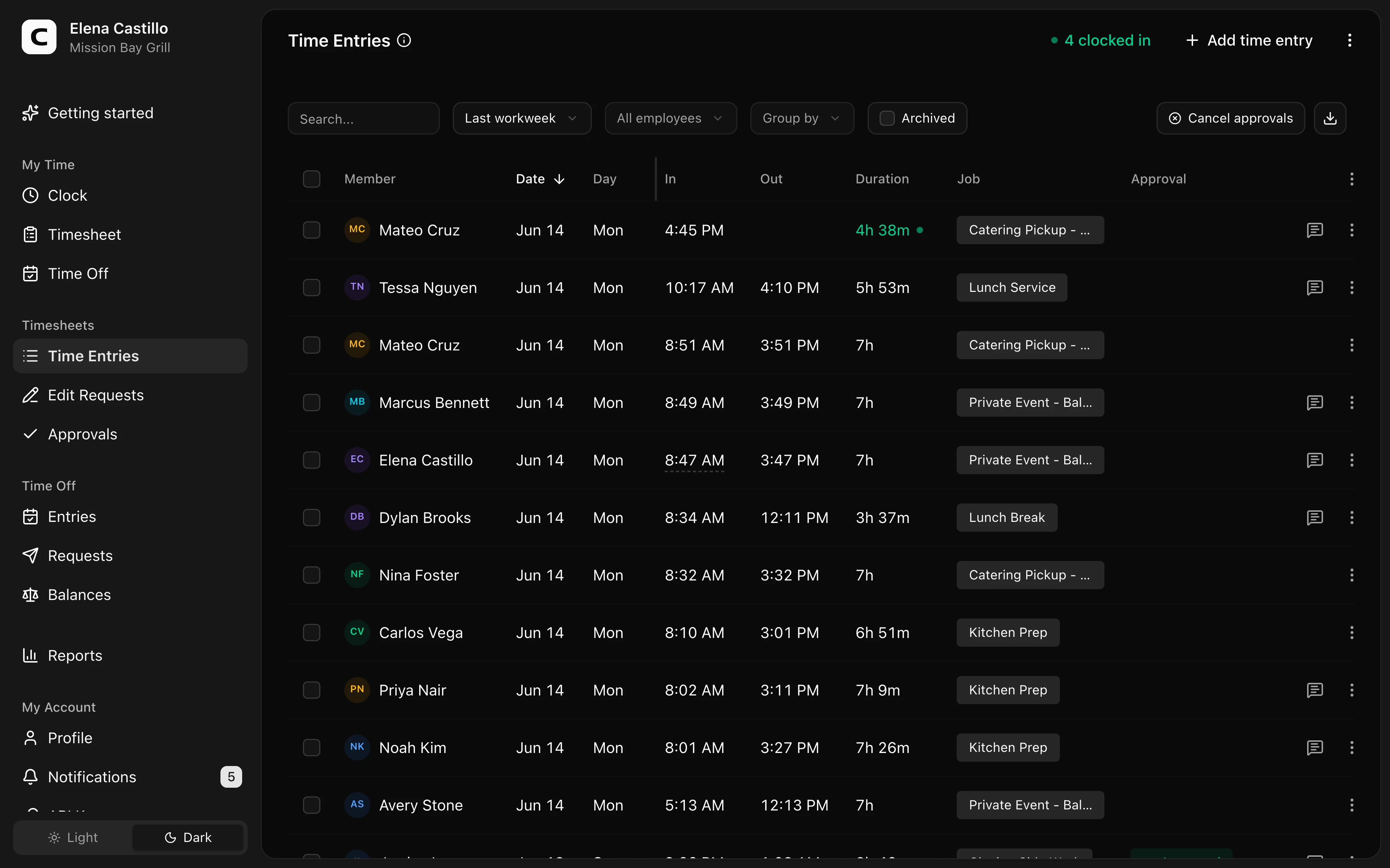 Clockspot Time Entries screen