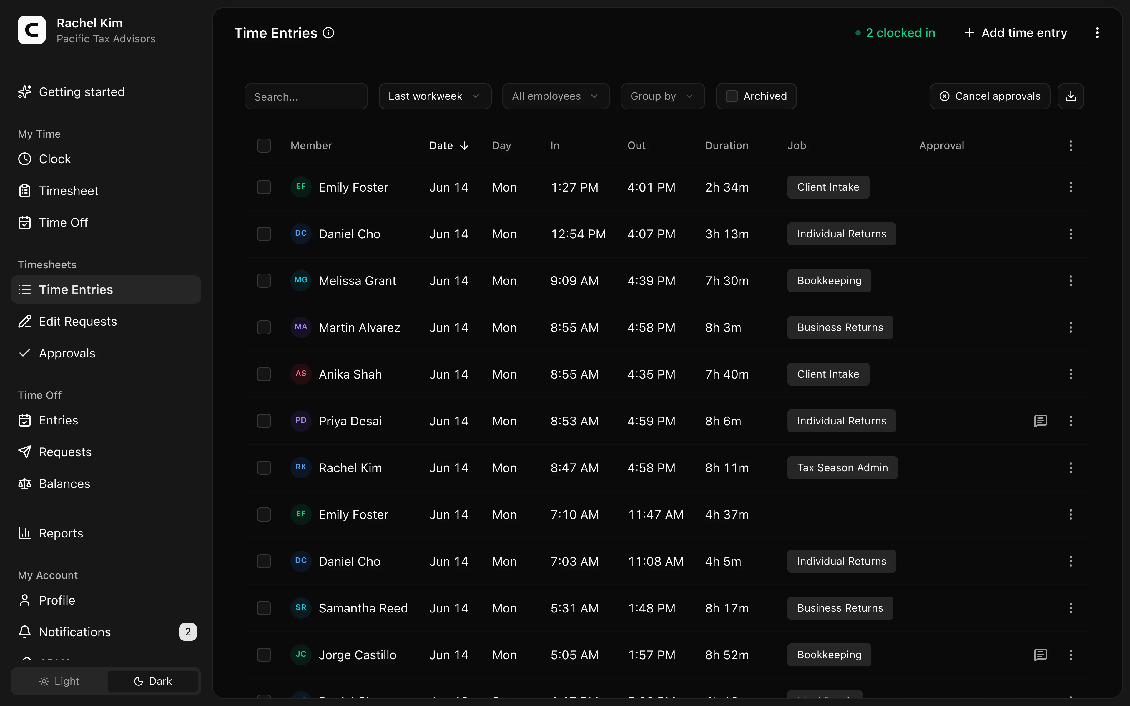 Clockspot Time Entries screen