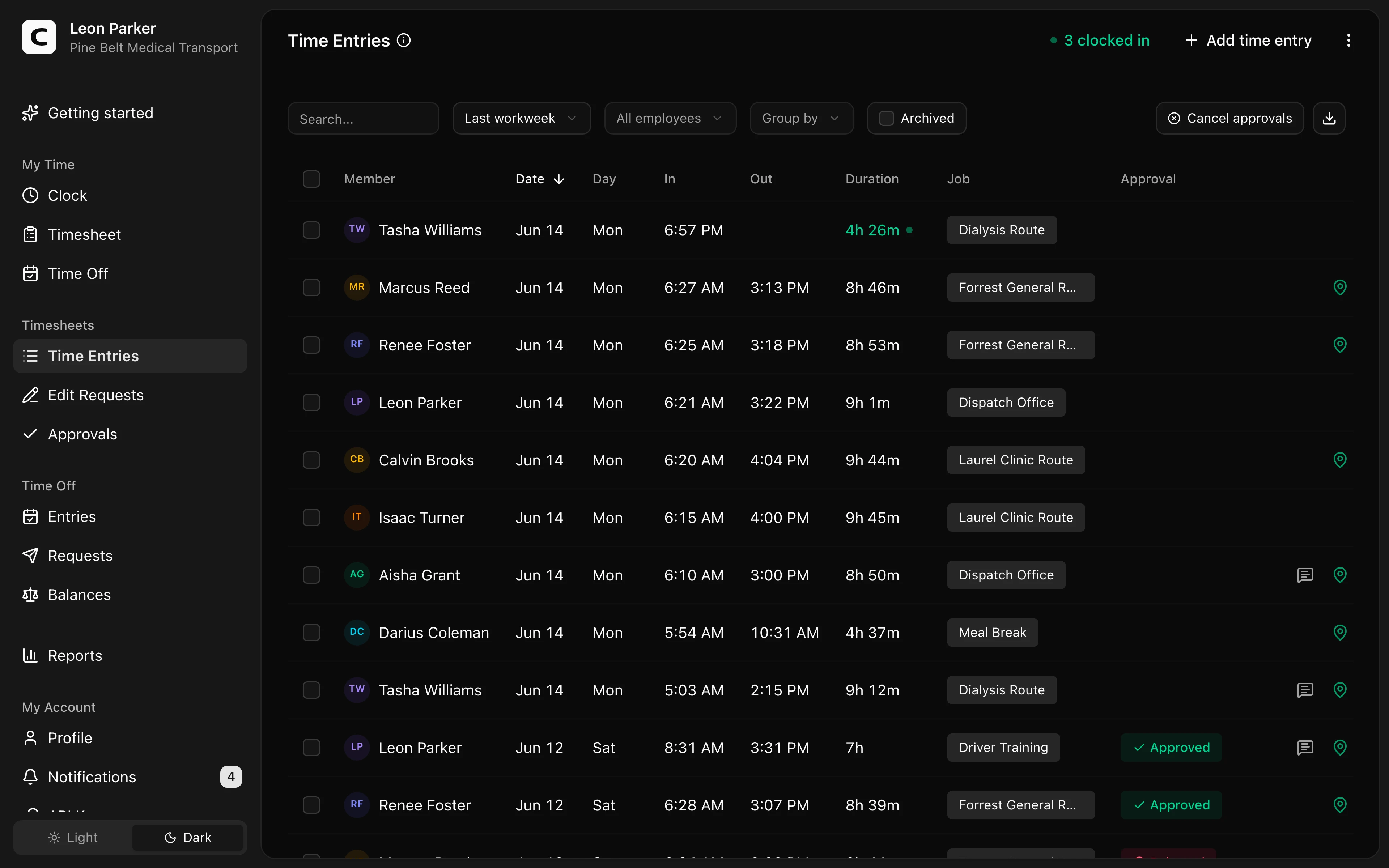Clockspot Time Entries screen
