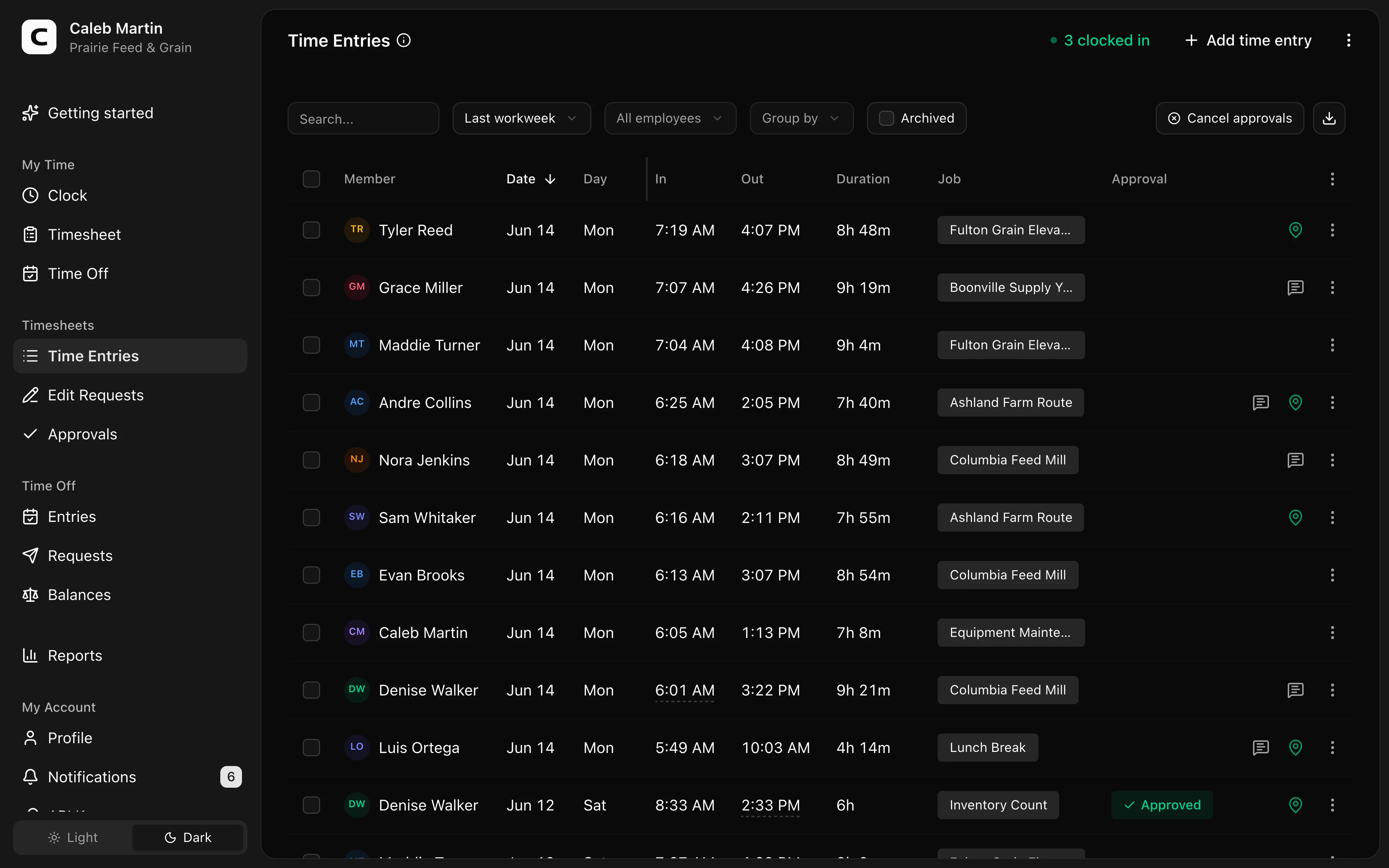 Clockspot Time Entries screen
