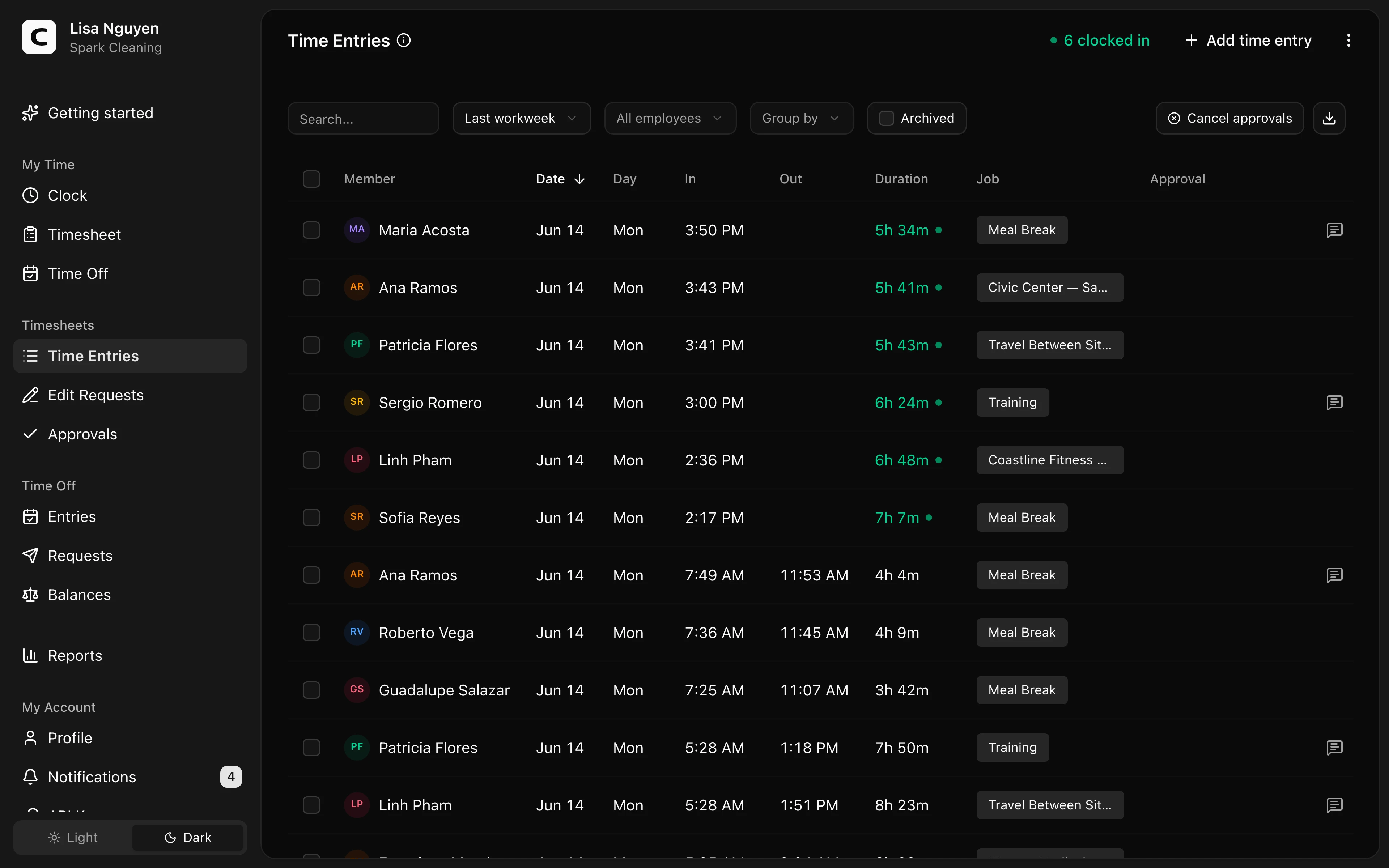 Clockspot Time entries screen. Review, add, edit, and approve your employees' time entries.
