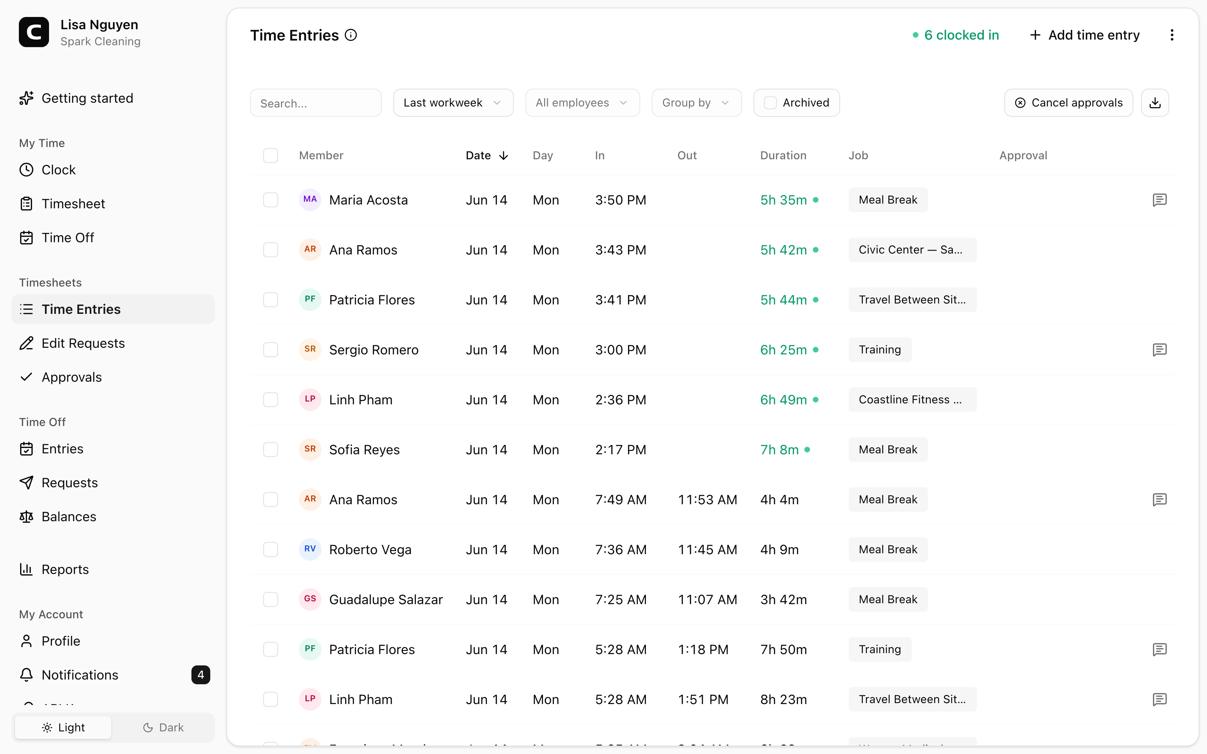 Clockspot Time entries screen. Review, add, edit, and approve your employees' time entries.