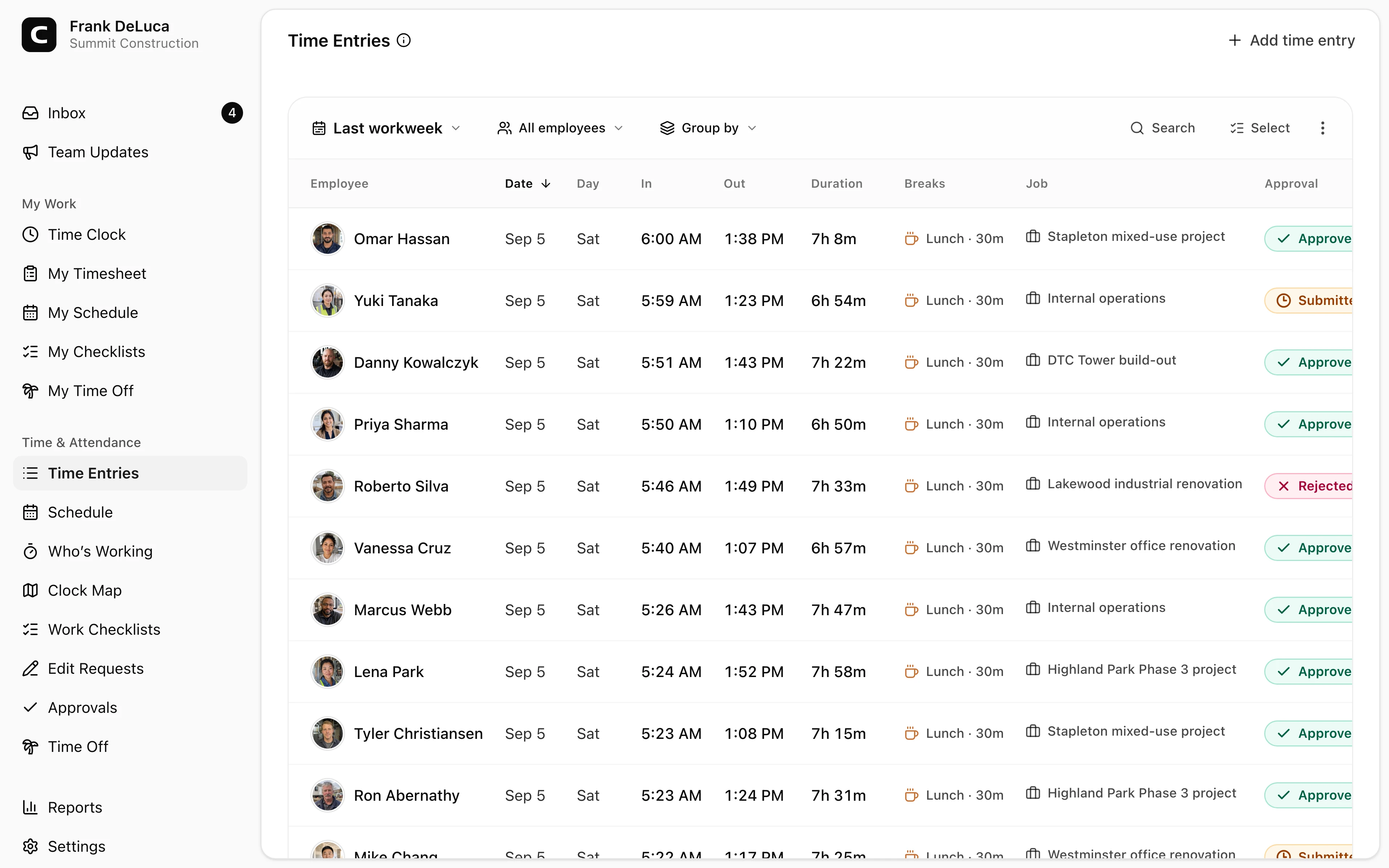 Clockspot Time Entries showing Summit Construction crew hours, jobs, approvals, and employee avatars