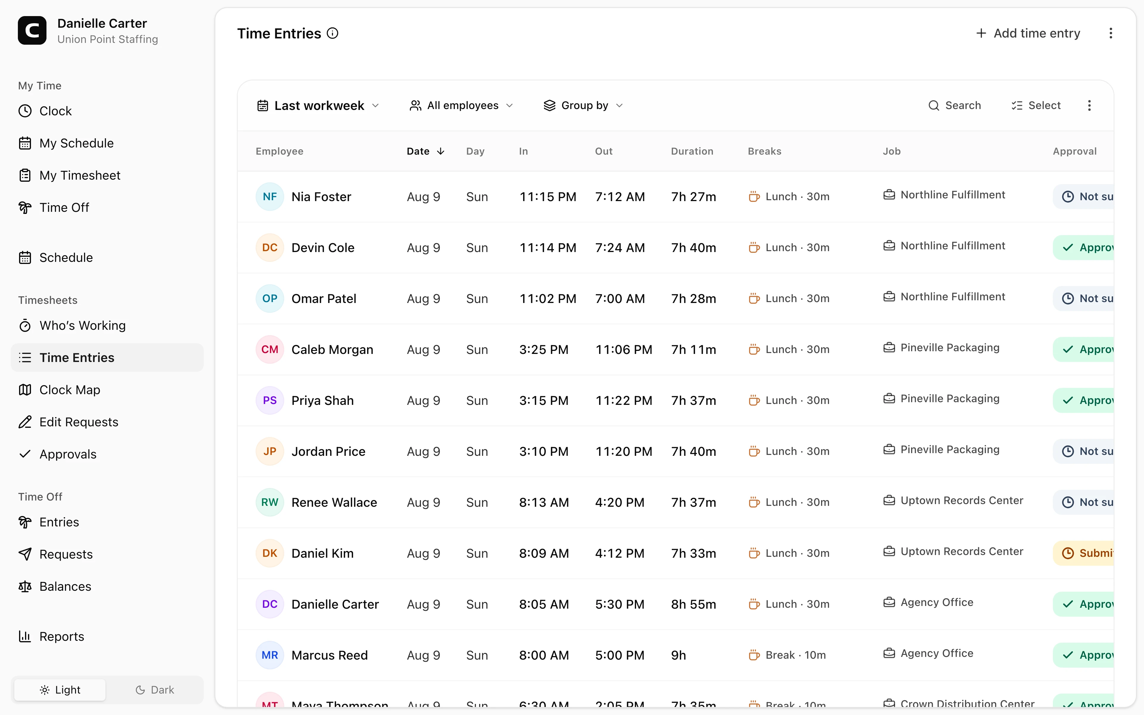 Clockspot Time Entries showing temporary employee time with client jobs and review states