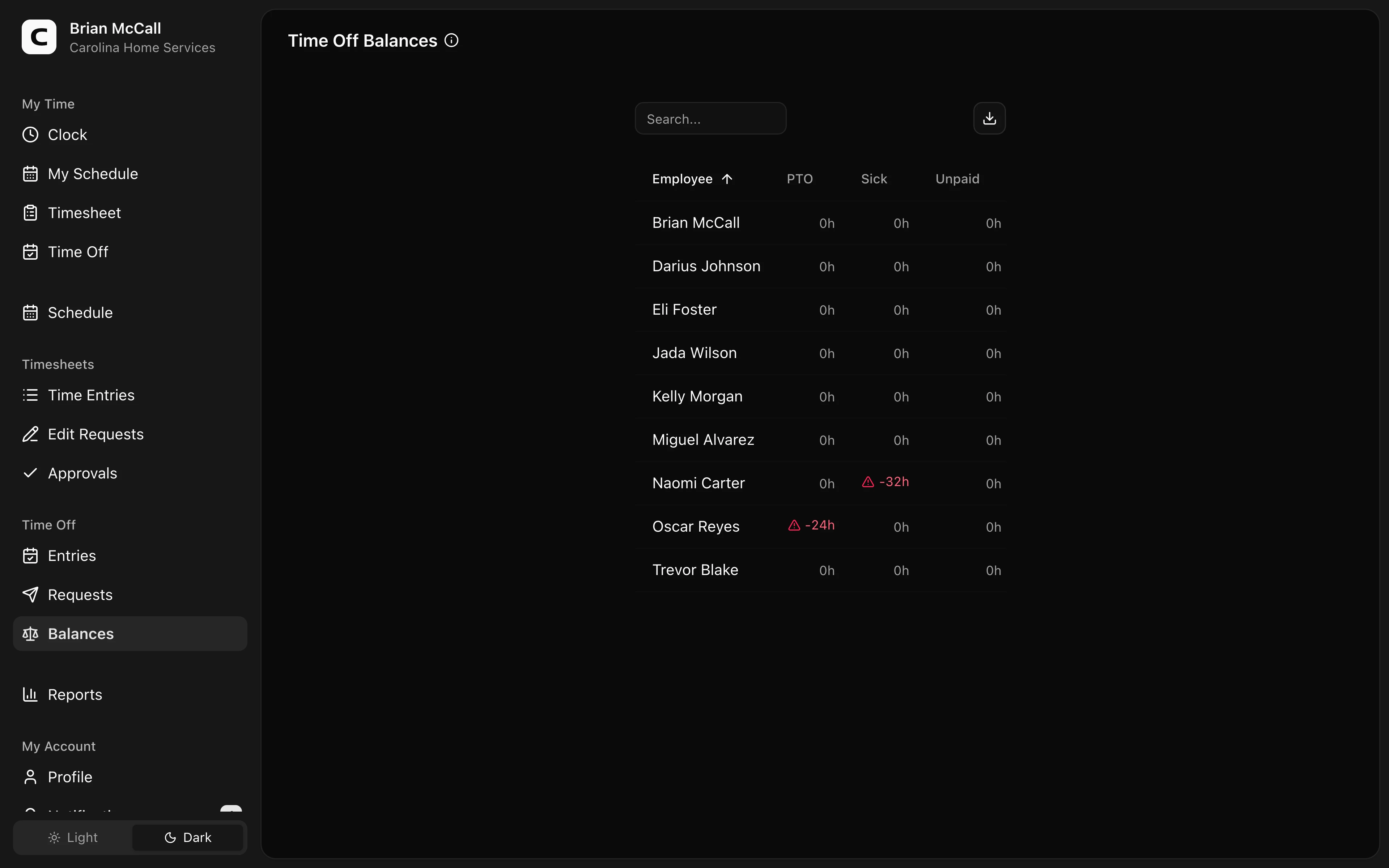Clockspot Time Off Balances screen