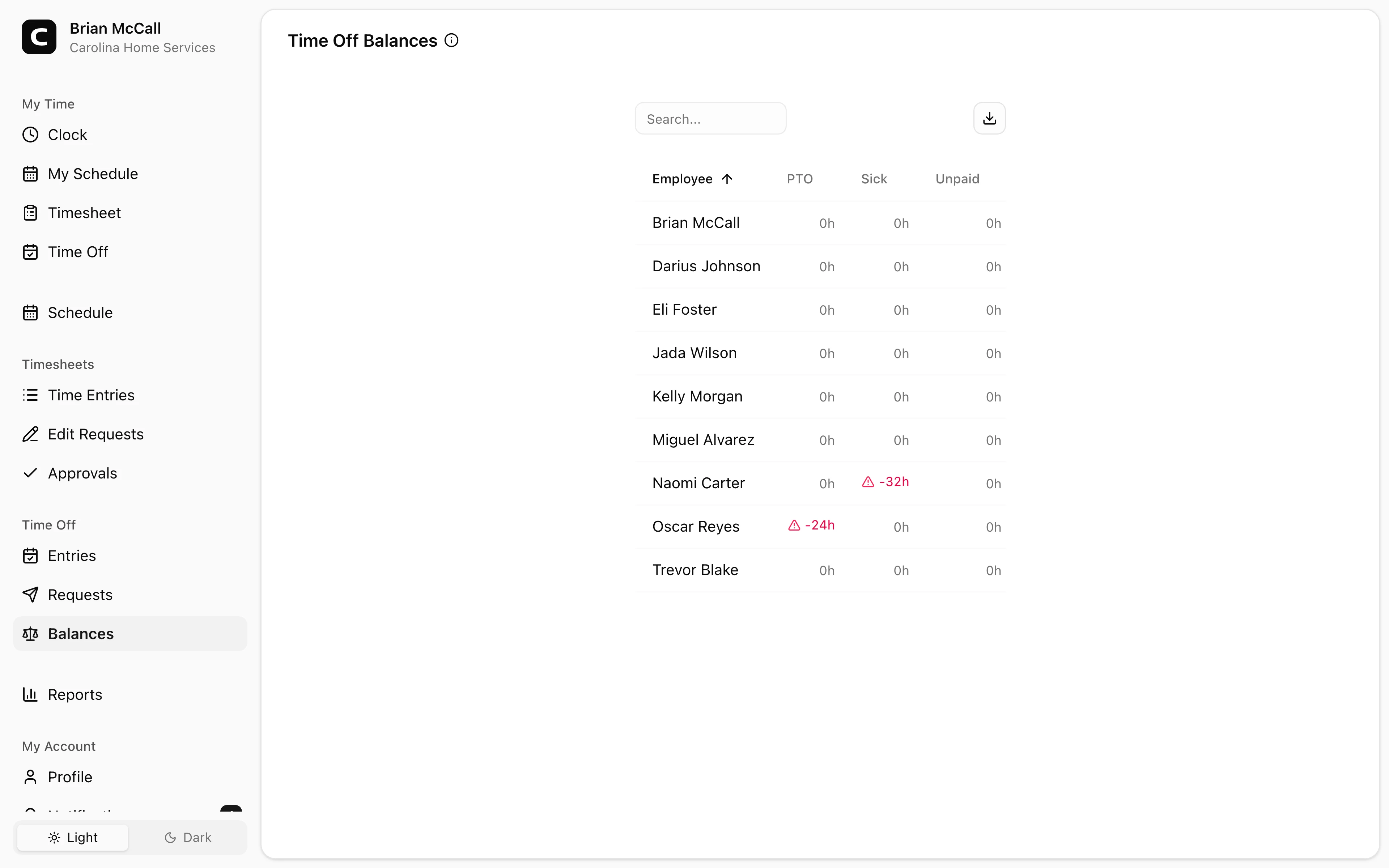 Clockspot Time Off Balances screen