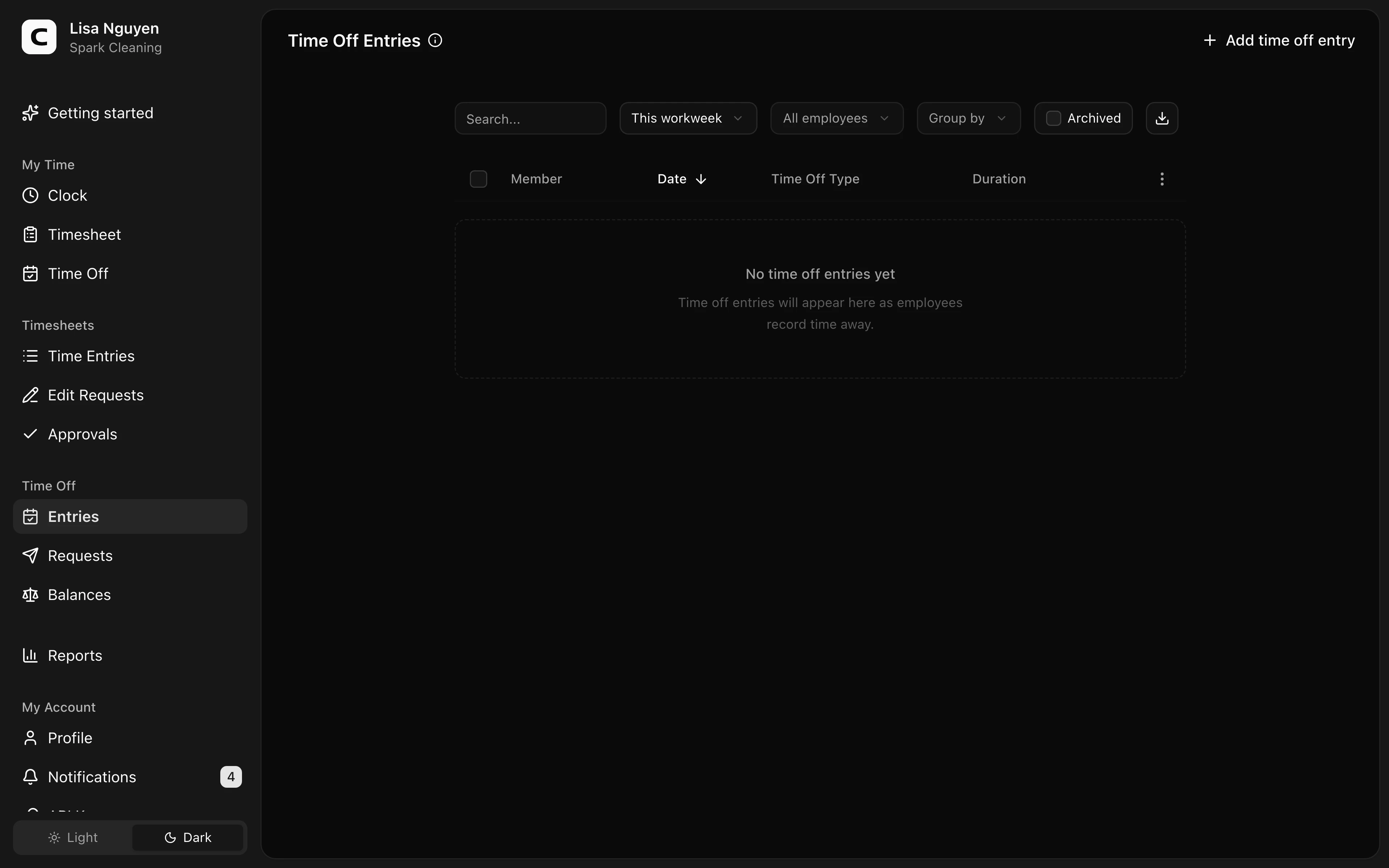Clockspot Time Off Entries screen. Review, add, edit, or archive recorded time off across your employees.