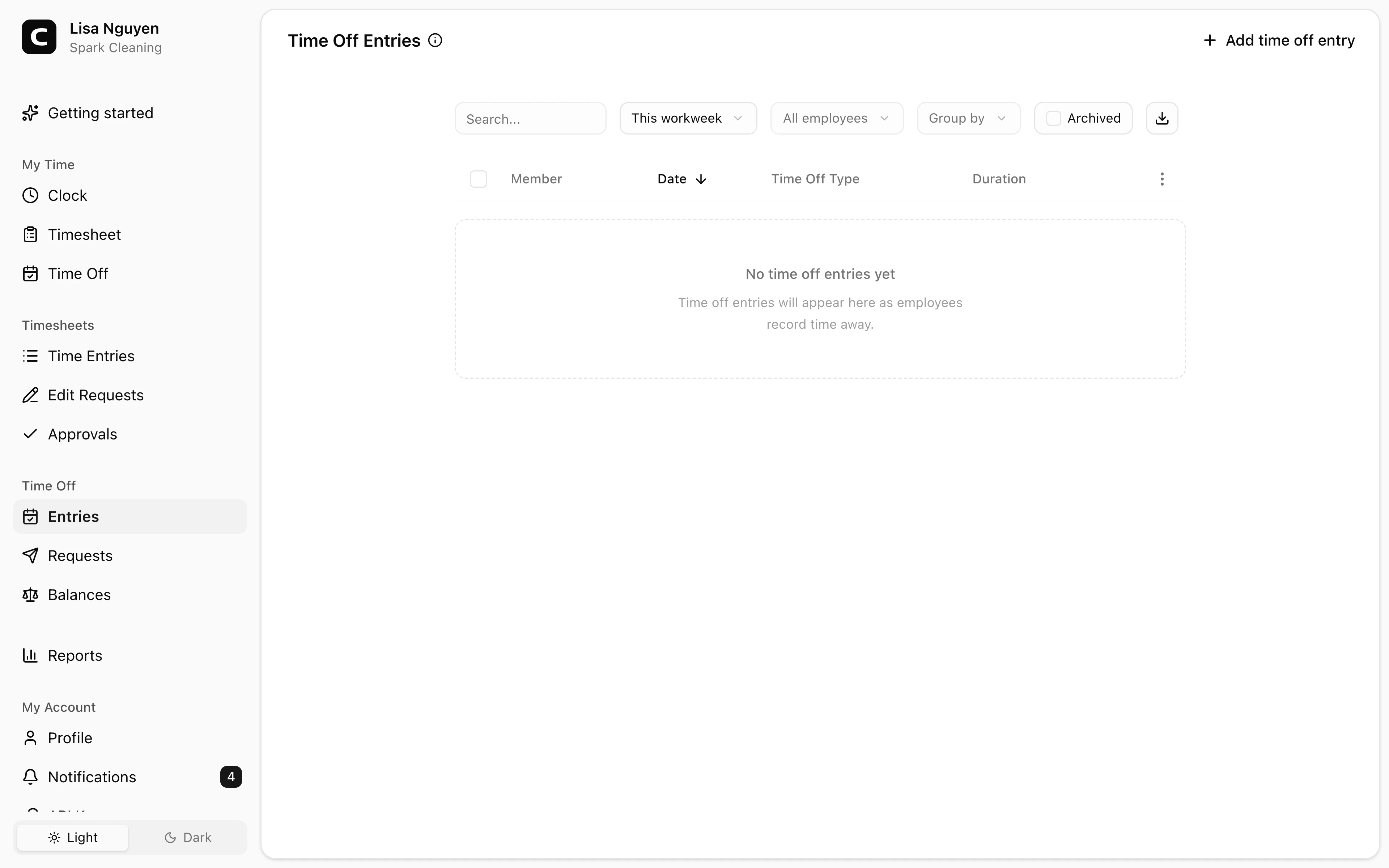 Clockspot Time Off Entries screen. Review, add, edit, or archive recorded time off across your employees.