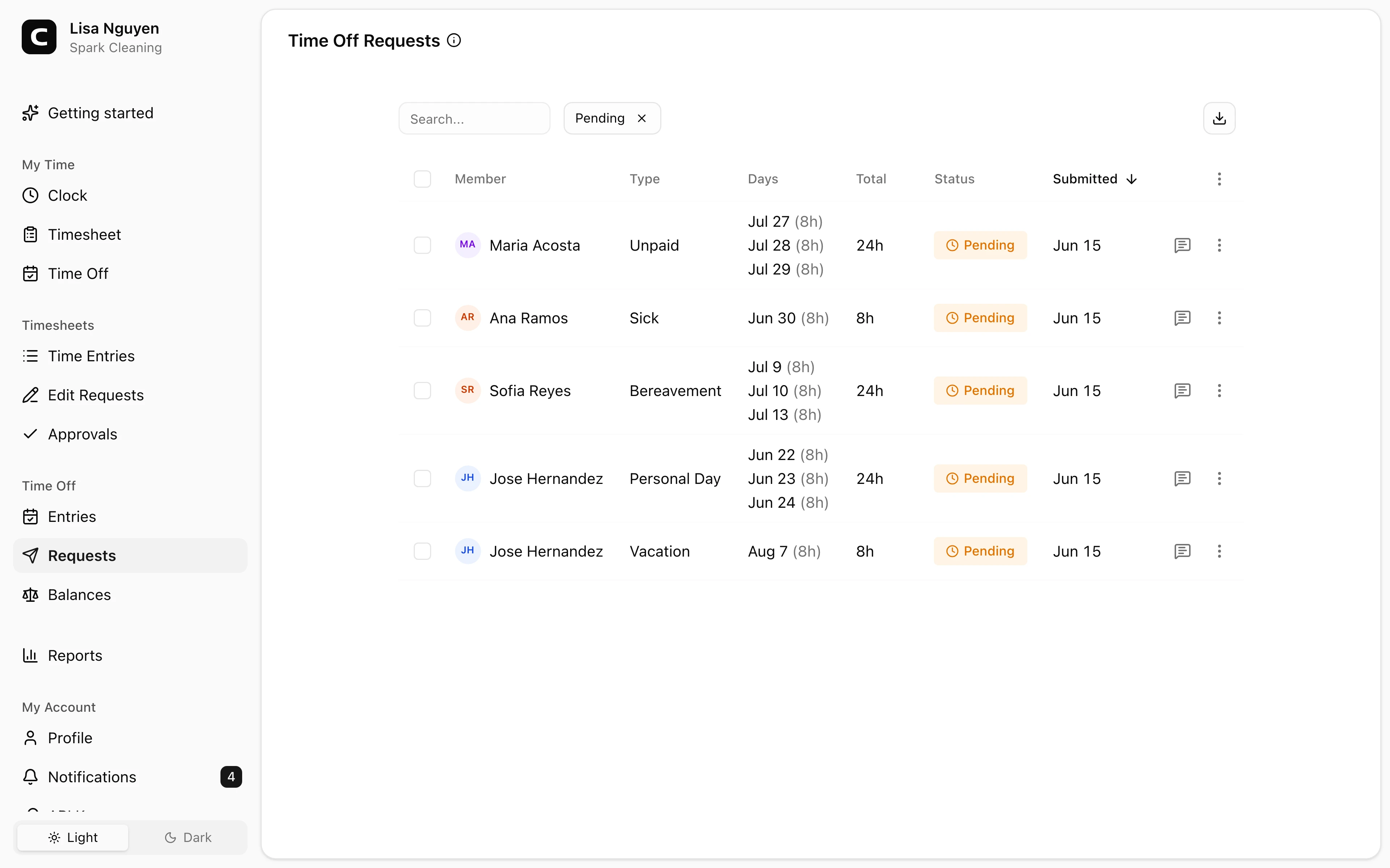 Clockspot Time Off Requests screen. Approve or reject employee time off requests.