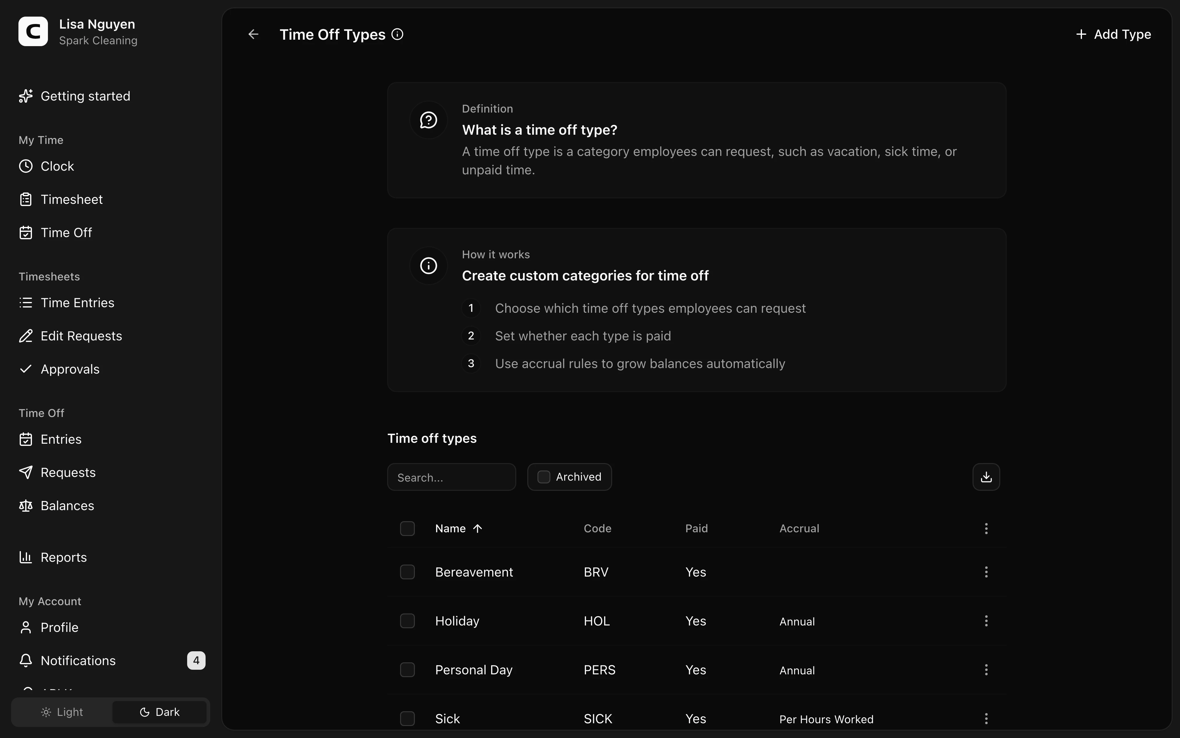 Clockspot Time Off Types screen. Define vacation, sick time, and other time off types, including whether they are paid and how balances accrue.
